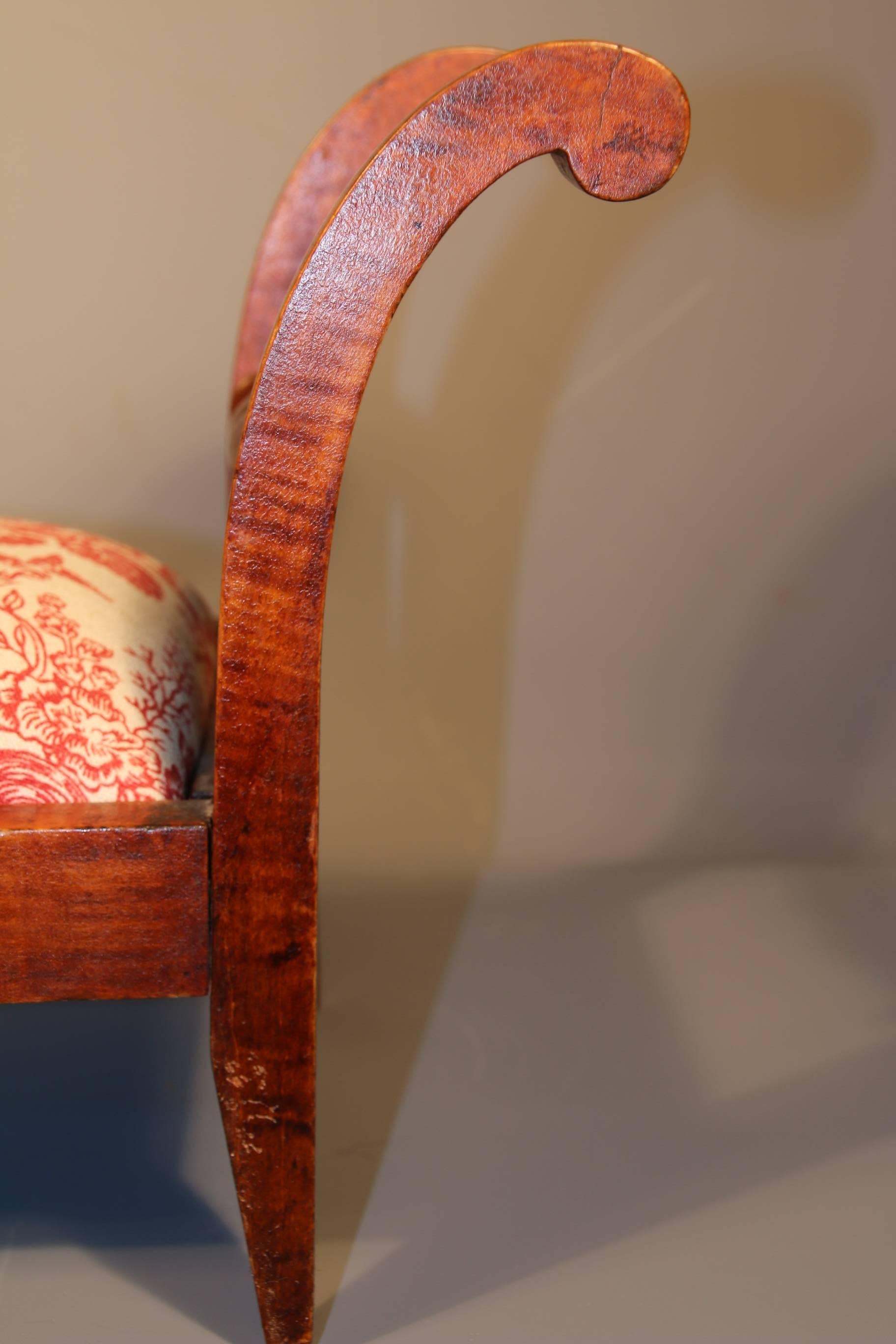 American 19th Century Tiger Maple Footstool with Toile Upholstery