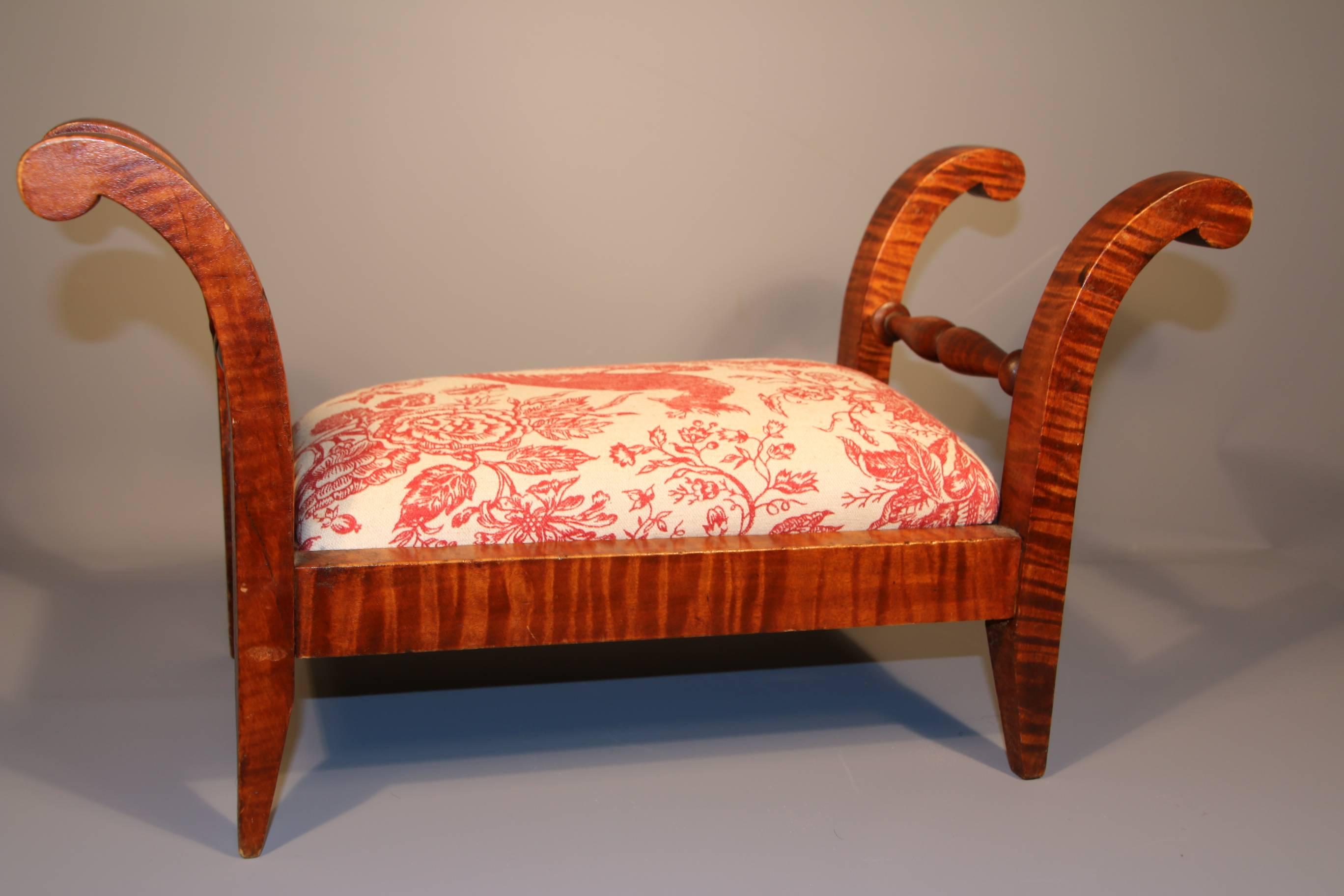 19th Century Tiger Maple Footstool with Toile Upholstery 1