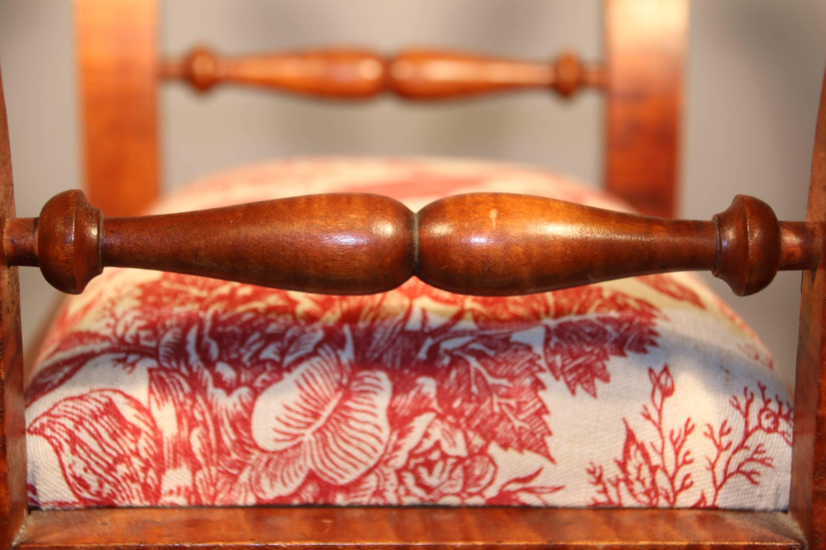 19th Century Tiger Maple Footstool with Toile Upholstery 2