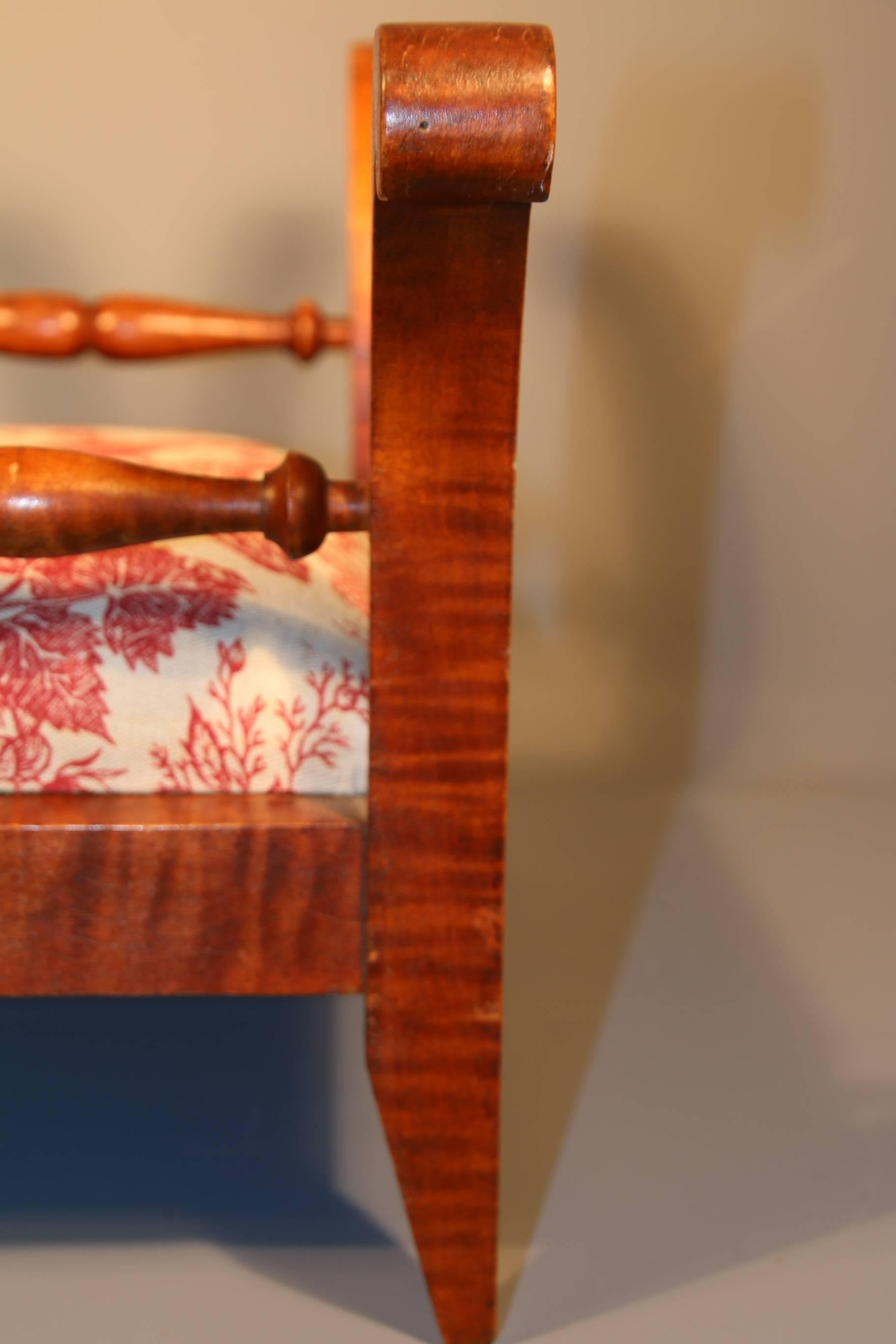 19th Century Tiger Maple Footstool with Toile Upholstery 3