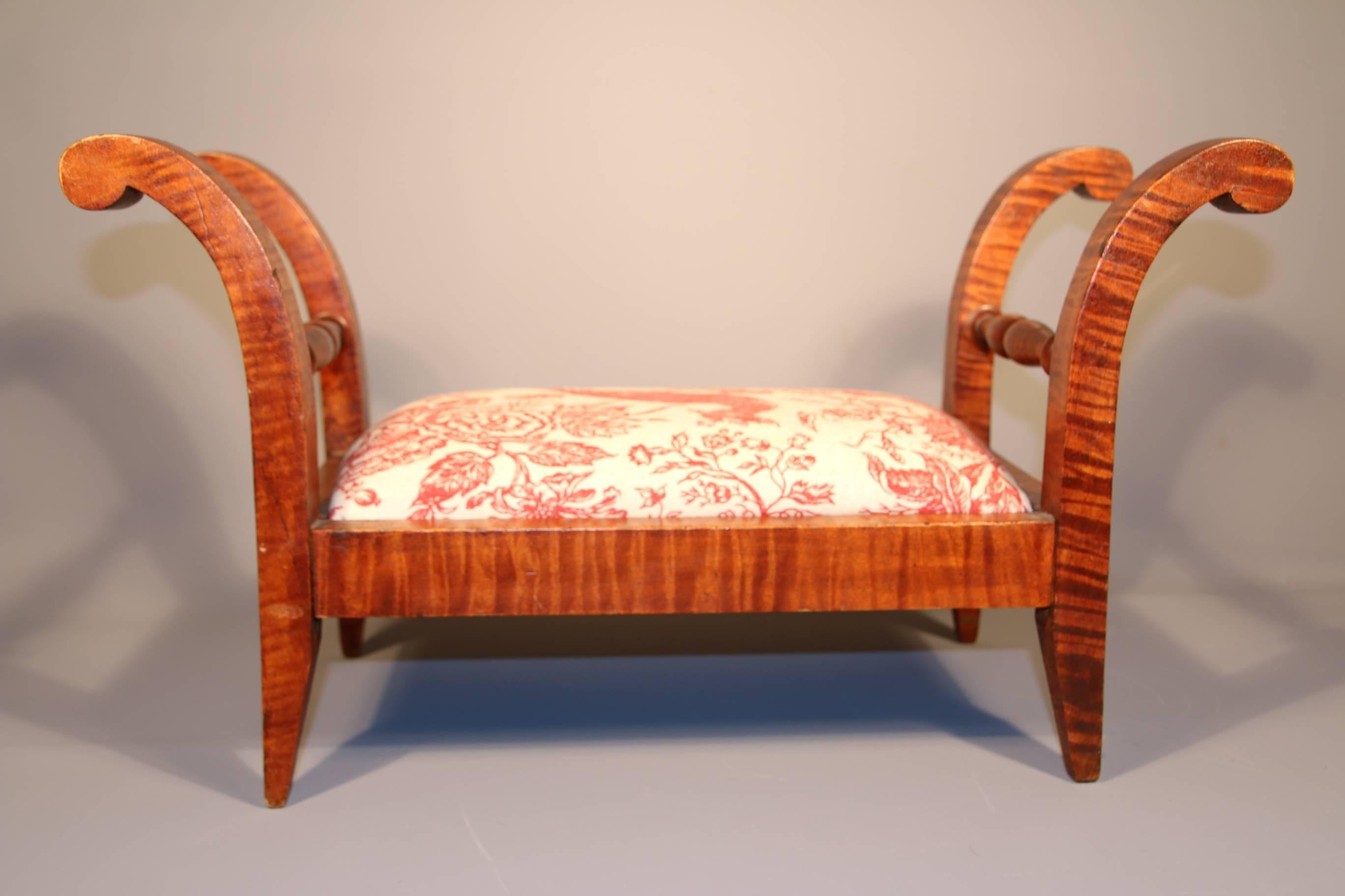 19th Century Tiger Maple Footstool with Toile Upholstery 4