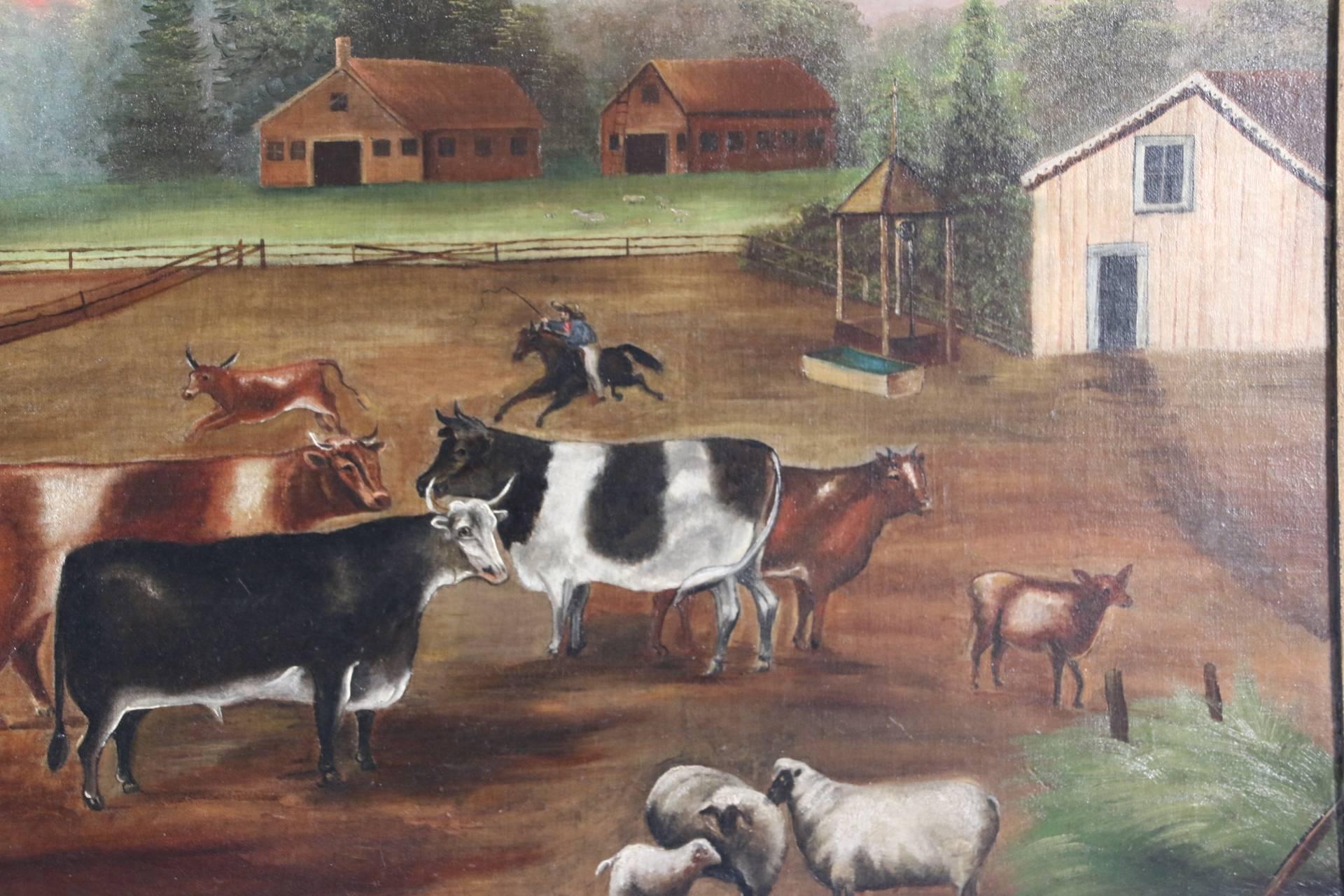 American School farmyard scene with livestock and barn, the yard populated with pigs, cattle, sheep, and two farmers, and outbuildings including a red barn and a well house, more buildings and a red sunset beyond. Housed in a black-painted and gilt