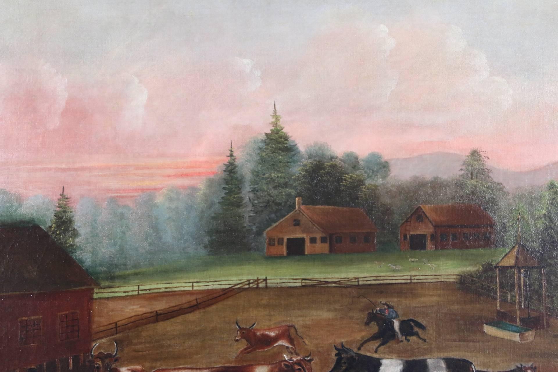 American 19th Century Farmyard Scene with Livestock and Barns For Sale