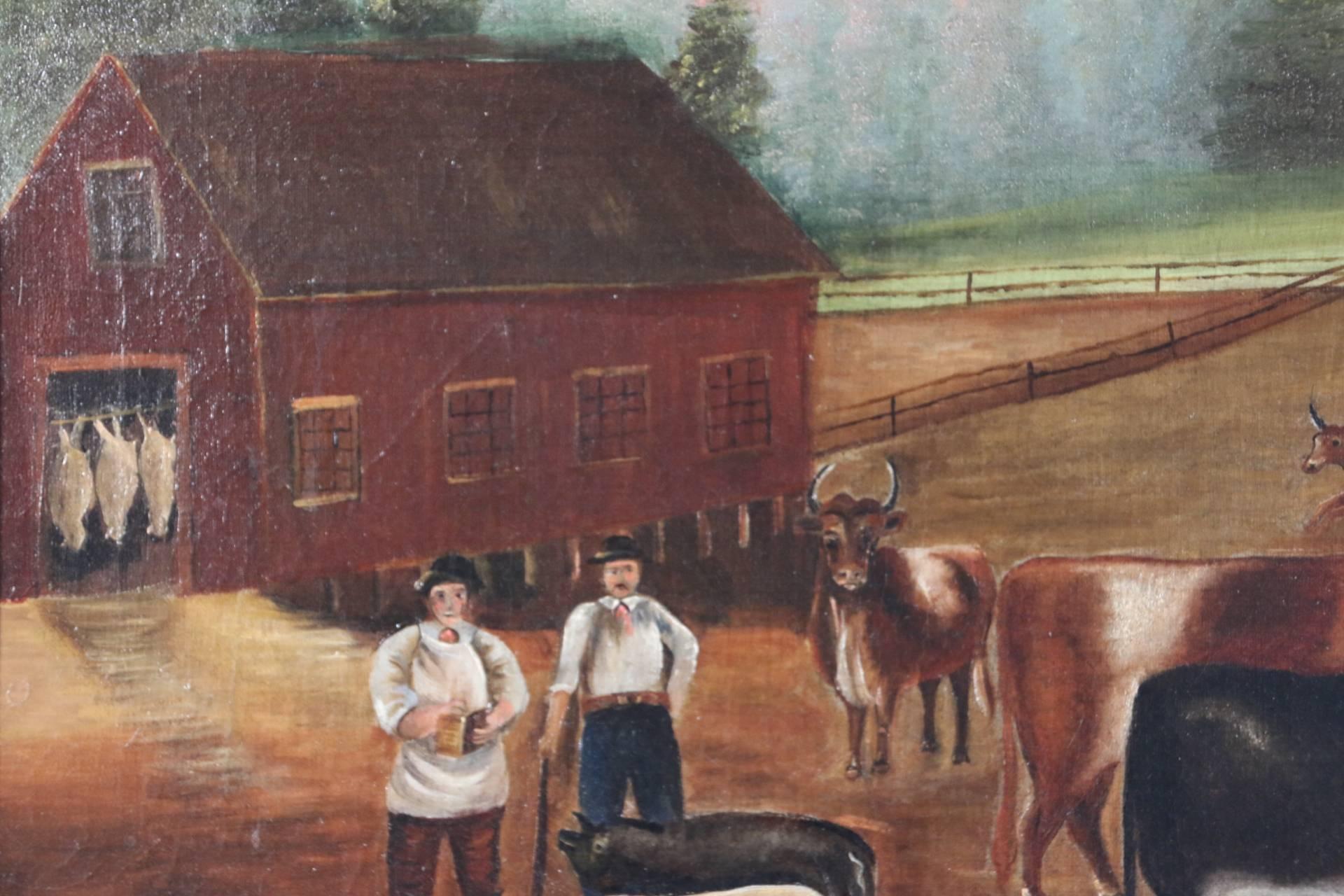 Mid-19th Century 19th Century Farmyard Scene with Livestock and Barns For Sale