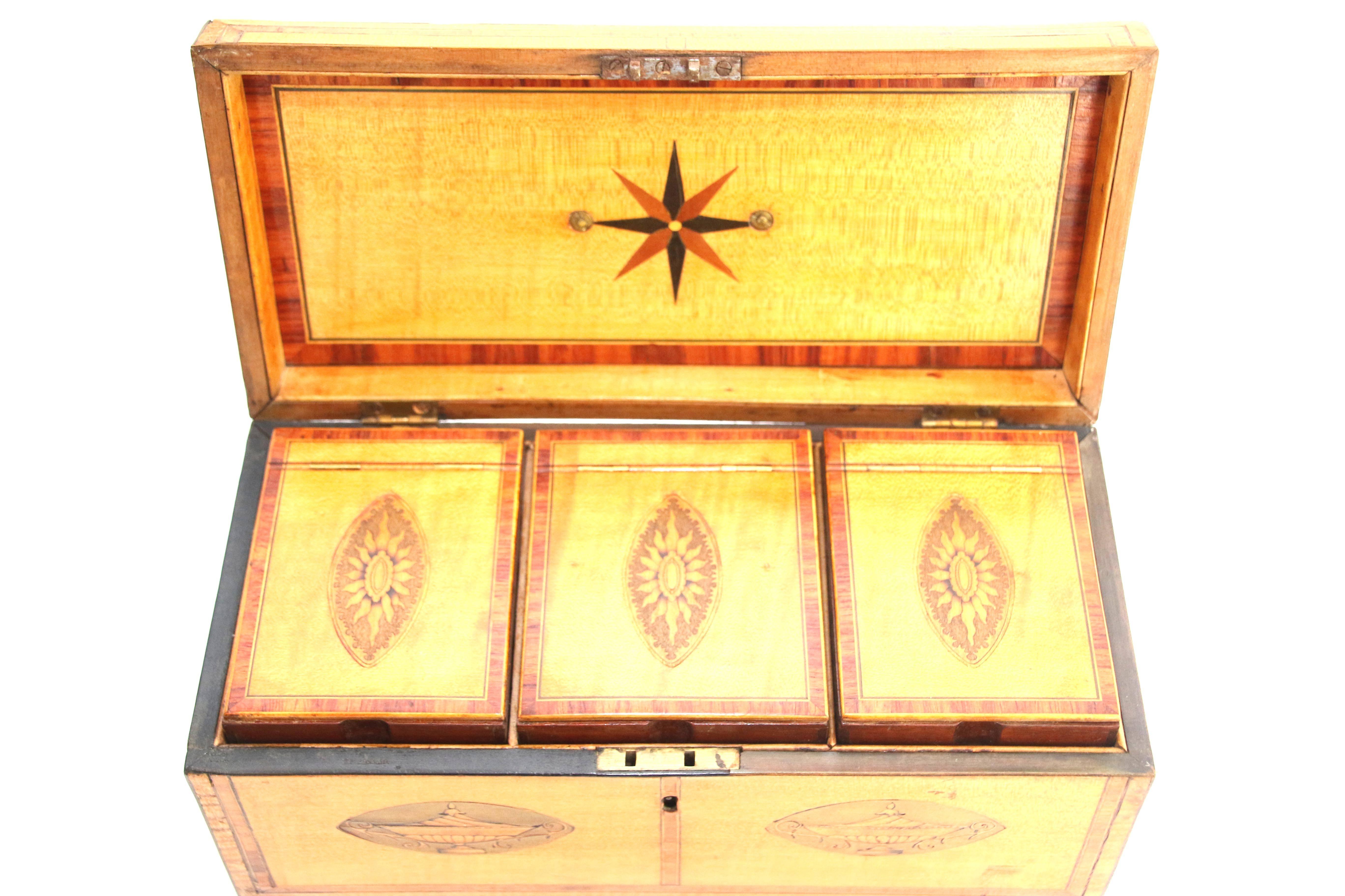 British 18th Century Satinwood Tea Caddy with Oval Inlaid Panels