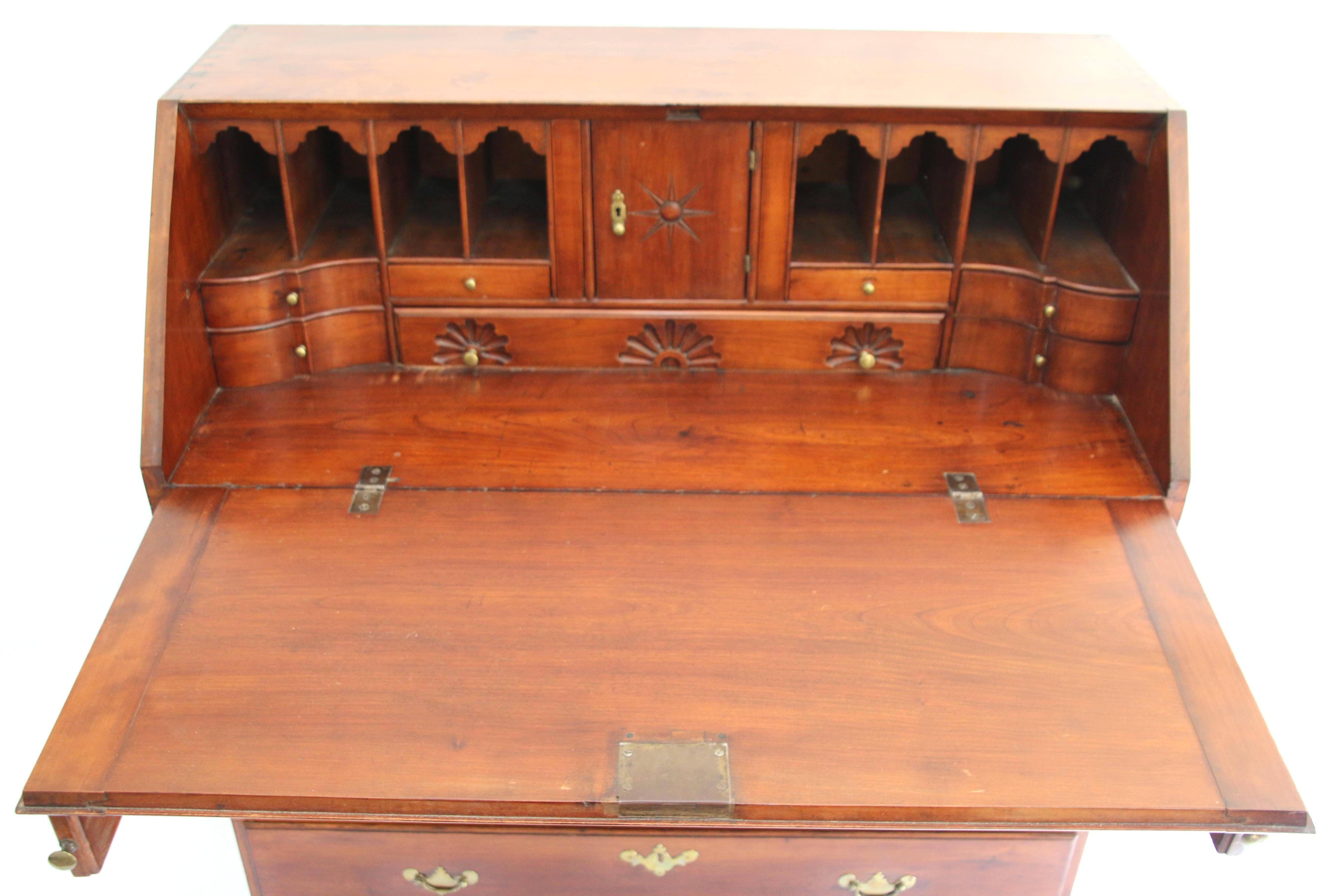 Queen Anne 18th Century New England Cherry Carved Fall Front Desk For Sale