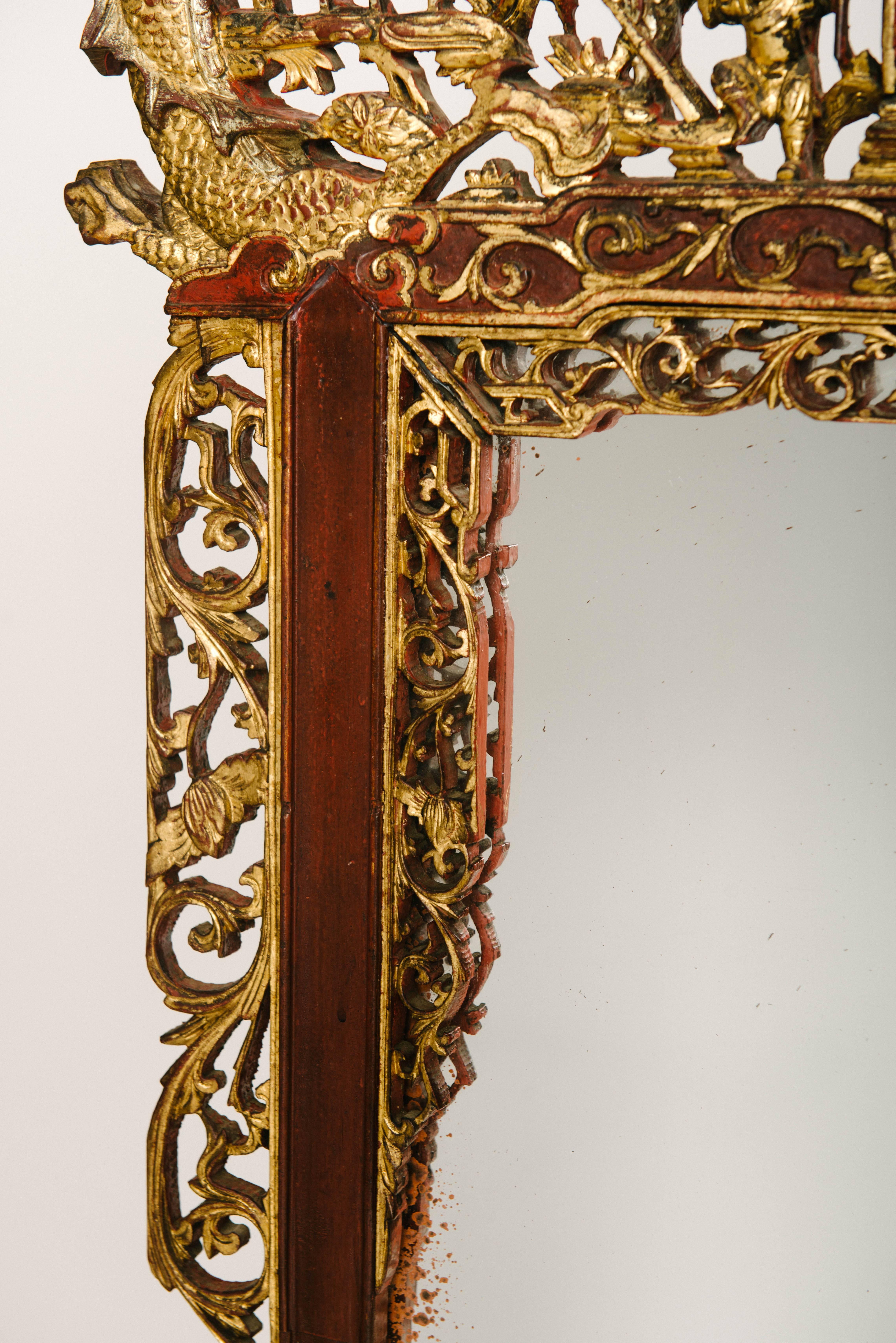 Wood 19th Century Chinese Carved Hall Mirror