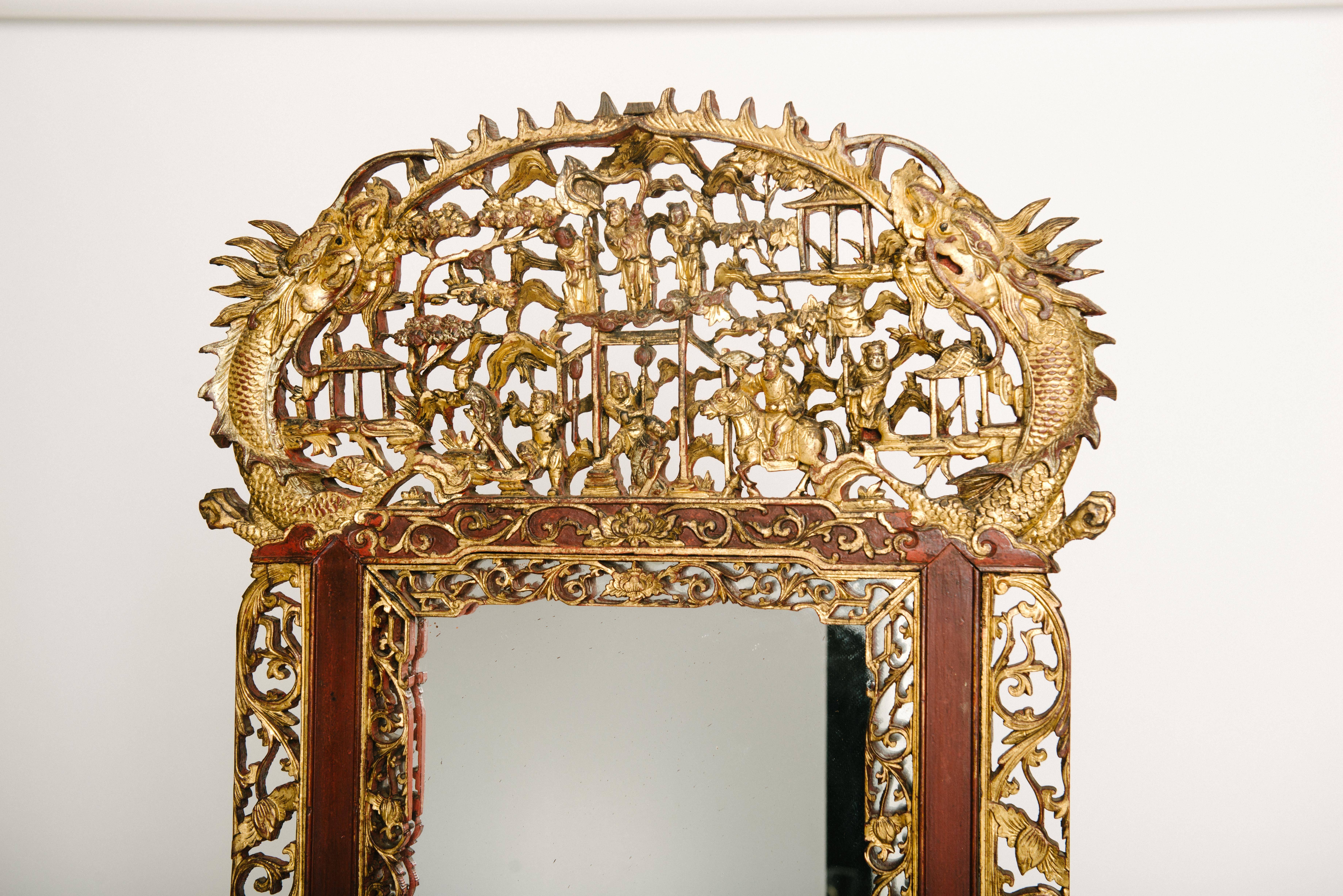 19th Century Chinese Carved Hall Mirror In Excellent Condition In Houston, TX