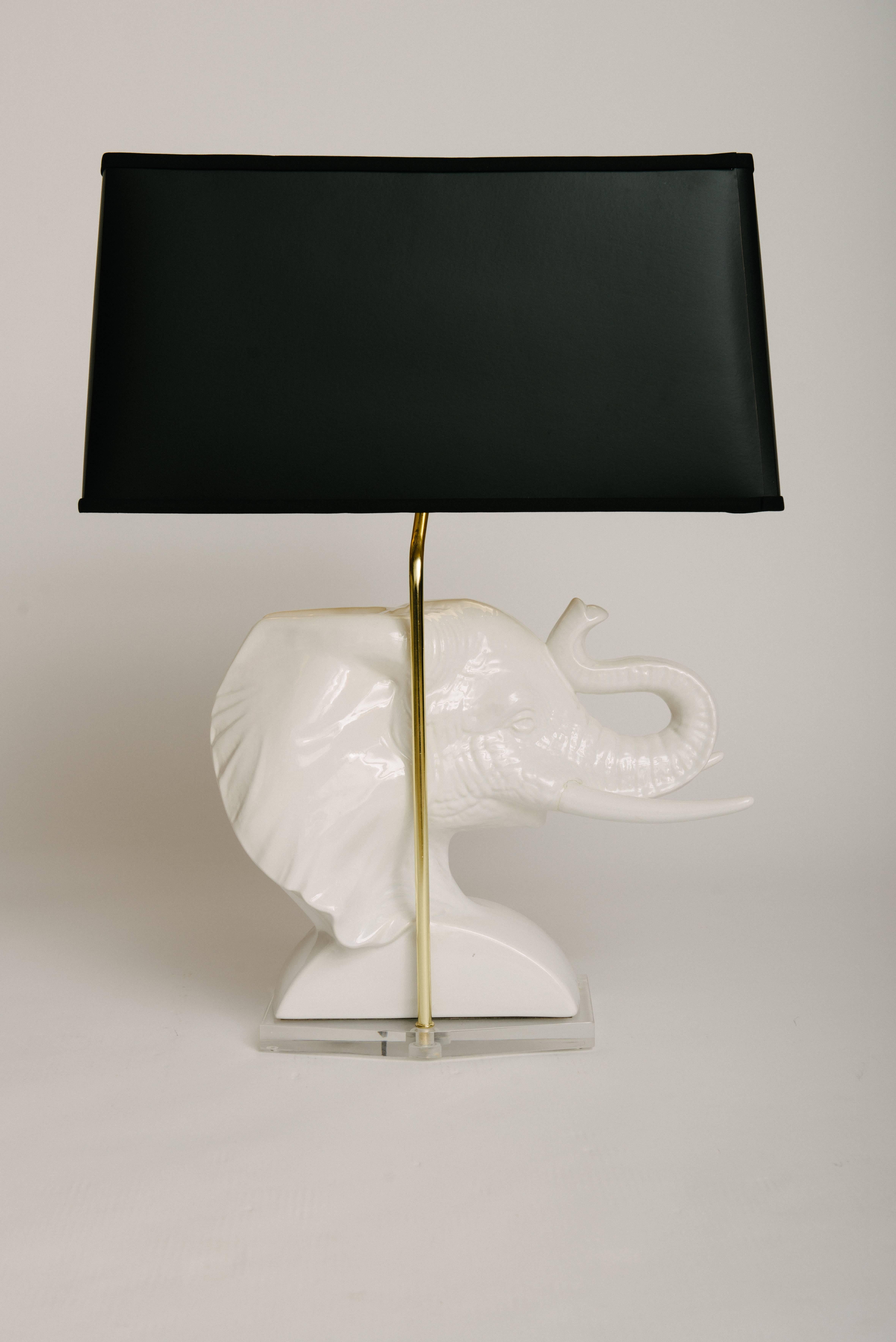 Hollywood Regency Vintage White Ceramic Elephant Bust Lamp