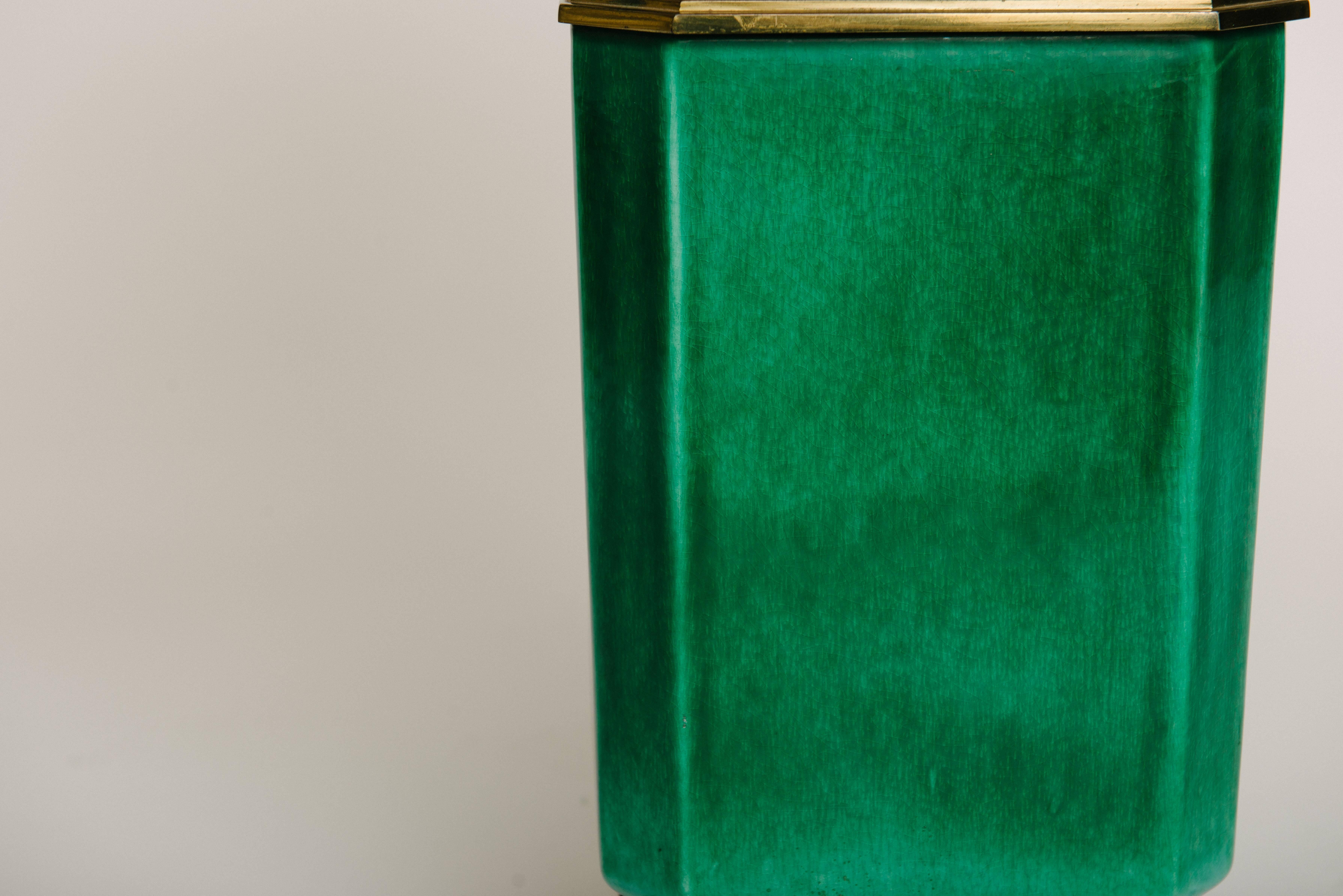 Brass Emerald Glaze Asian Style Pottery Lamp