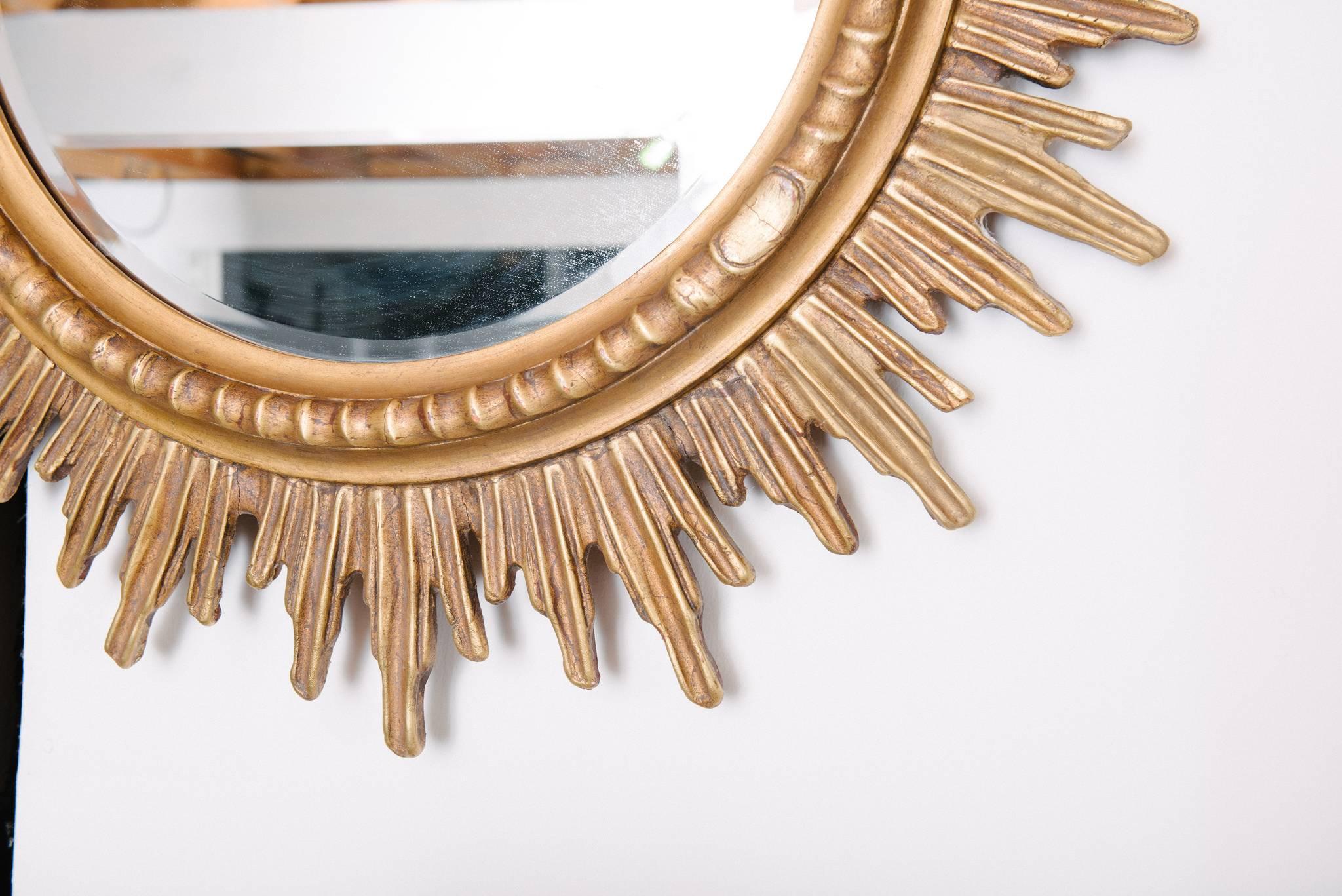 Mid-Century French Gilt Sunburst Mirror In Excellent Condition In Houston, TX