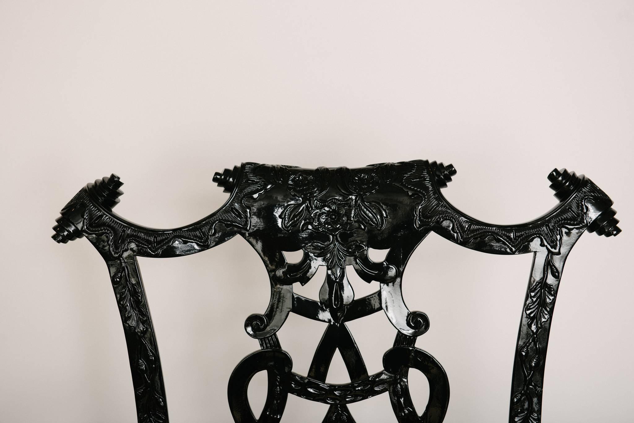 Carved 19th Century Chippendale Style Lacquered Leather Chair