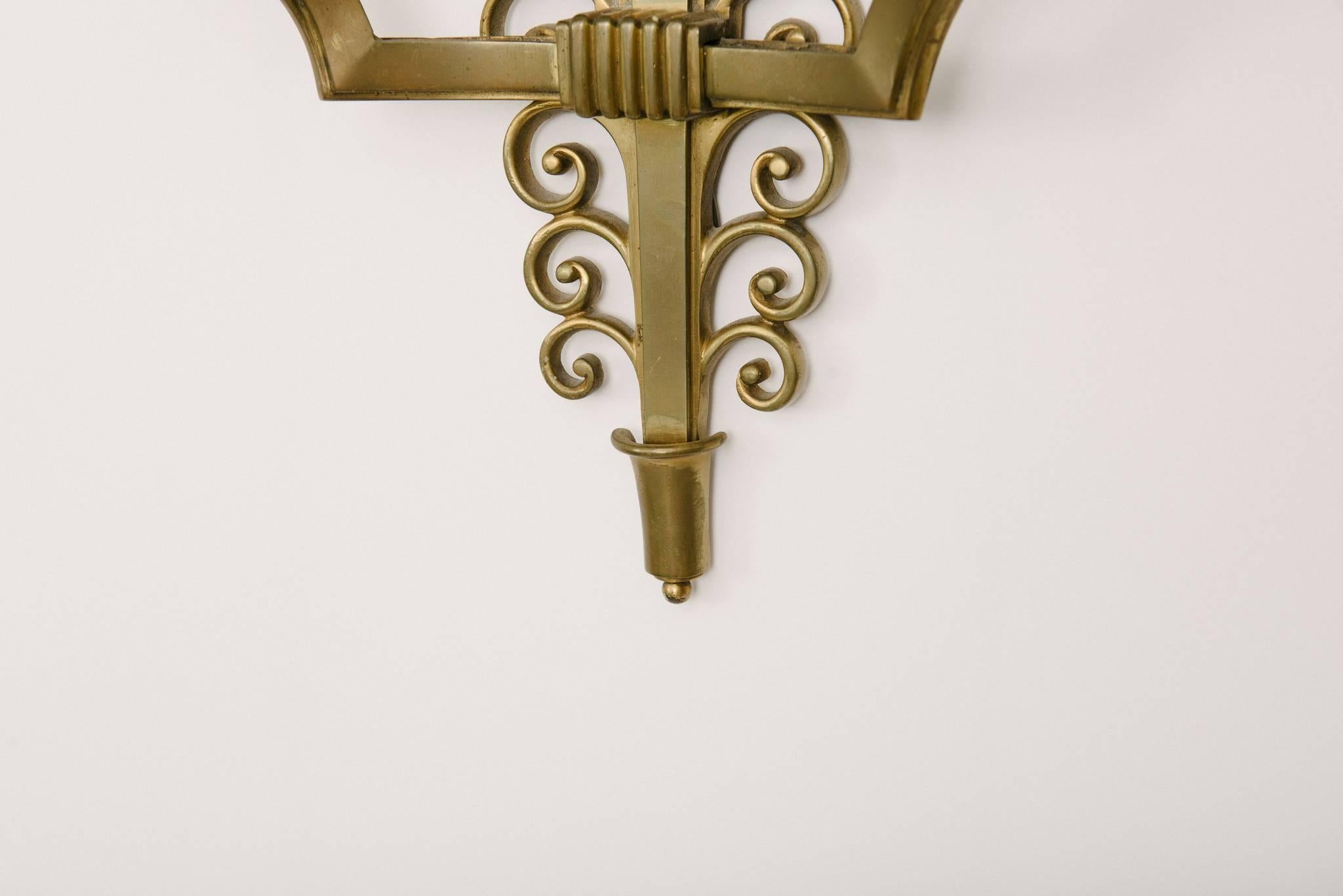 Pair of French Bronze Poillerat Sconces In Excellent Condition In Houston, TX