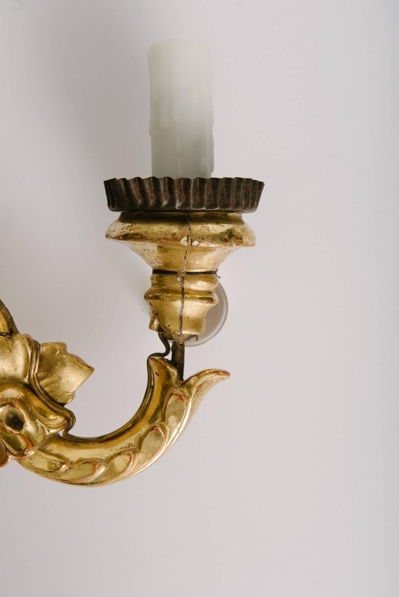 A beautiful pair of 19th century polychrome water gilt sconces, newly electrified with 4.75
