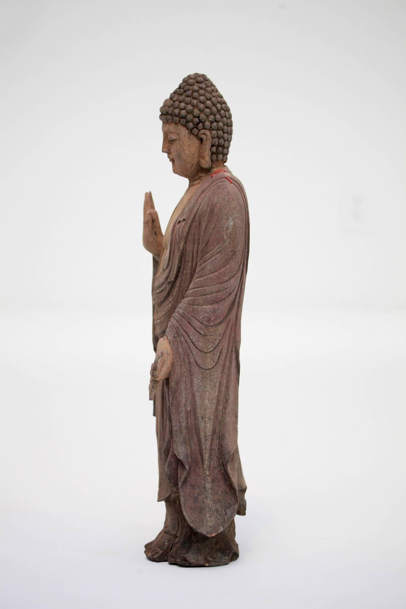 Wood Carved Polychrome Standing Buddha Figure For Sale