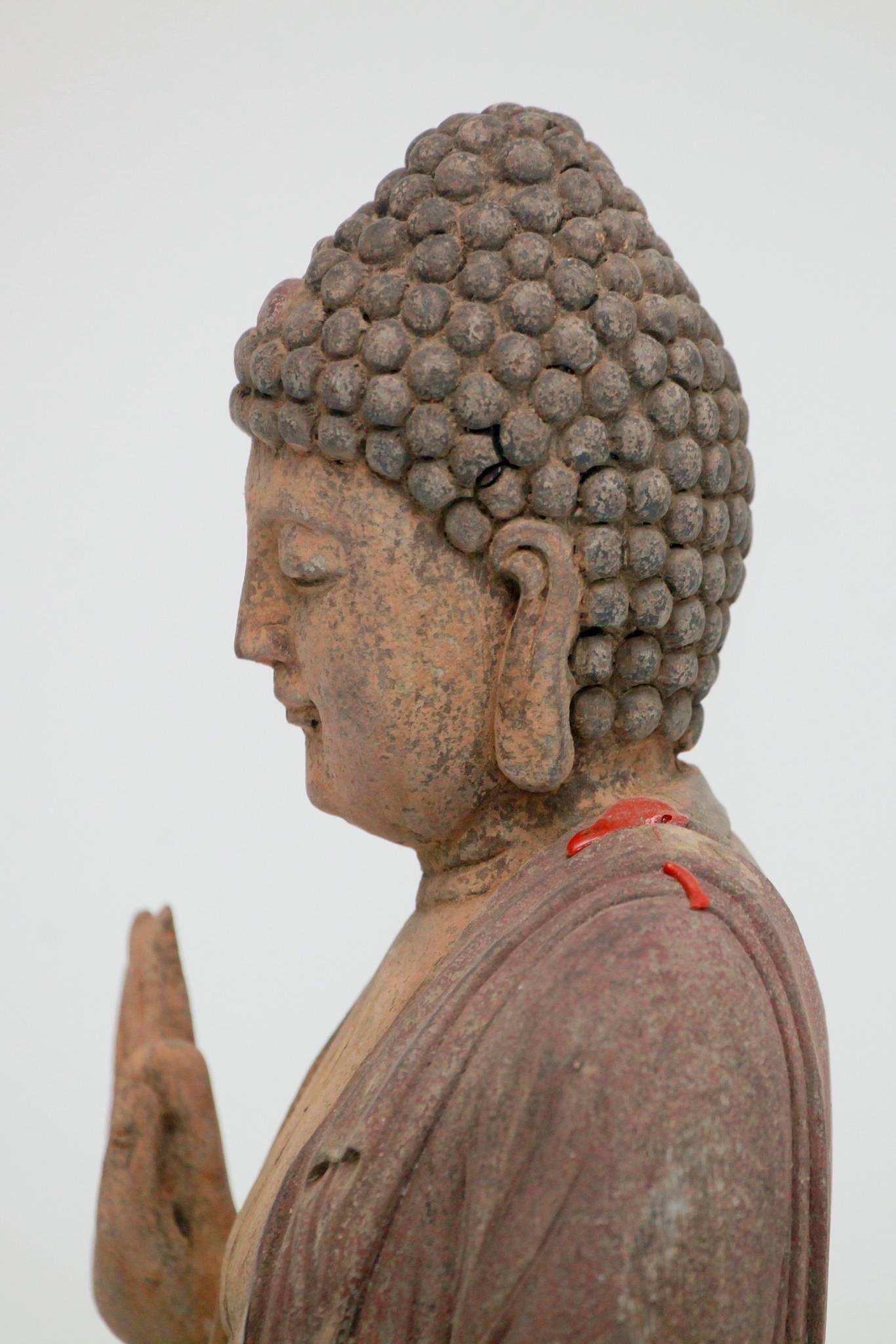 Carved Polychrome Standing Buddha Figure In Good Condition For Sale In Houston, TX
