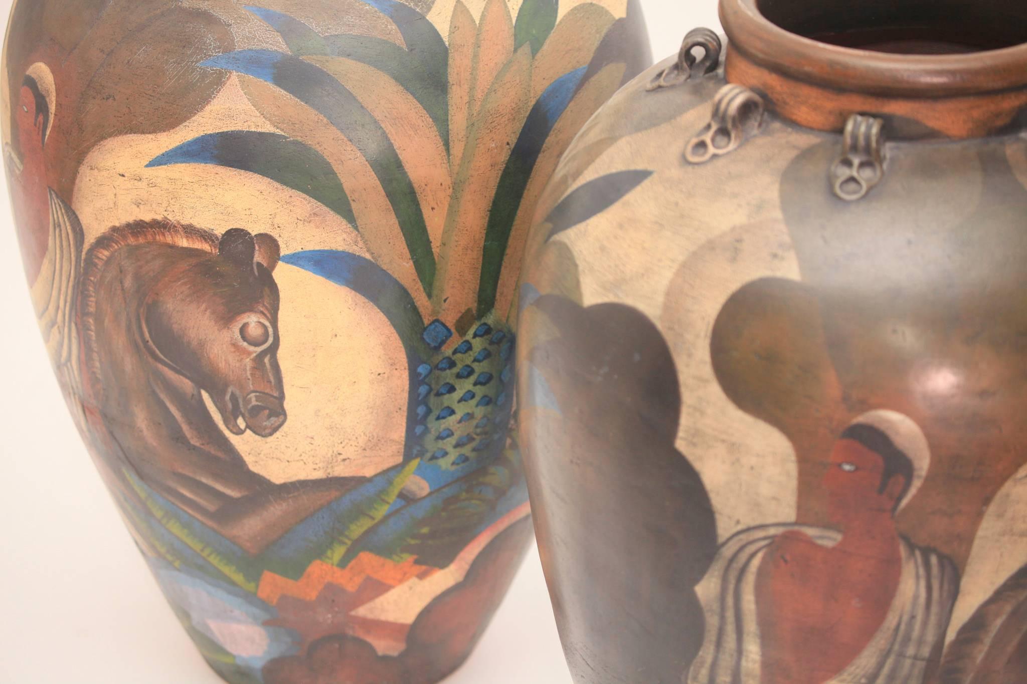 European Pair of Painted Deco Style Antique Terracotta Amphora Jars For Sale