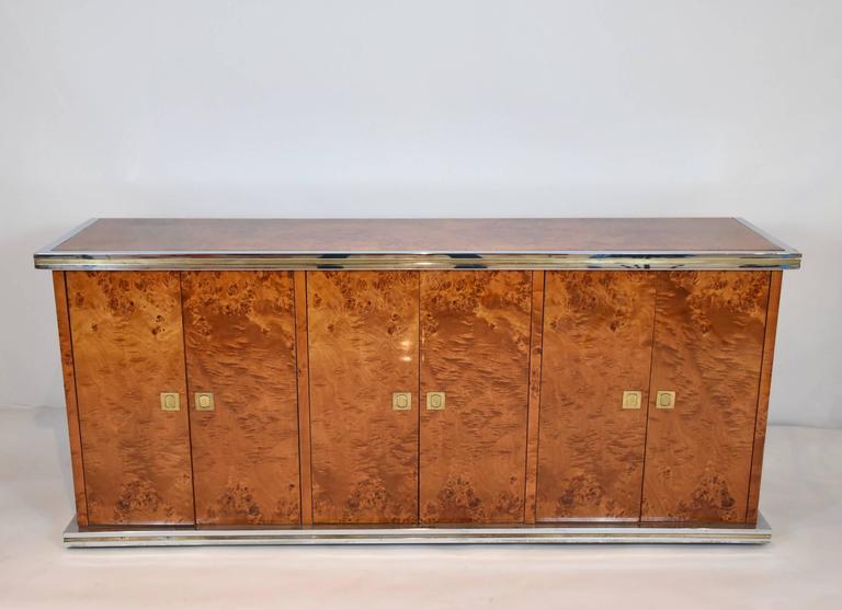 An Italian burl elm chrome brass and chrome credenza by Willy Rizzo, circa 1968.