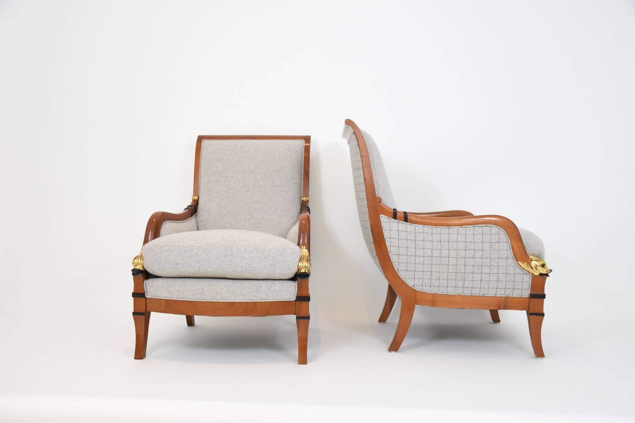 Wool Pair of Biedermeier Style Dolphin Bergére Chairs
