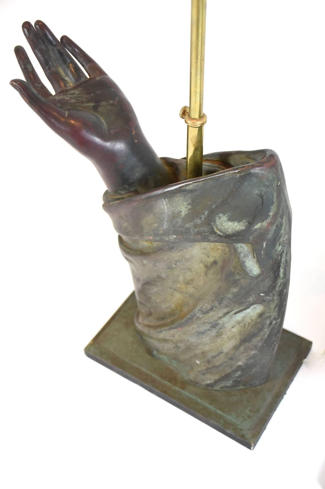 20th Century Pair of Sculptural French Bronze Hand Arm Lamps