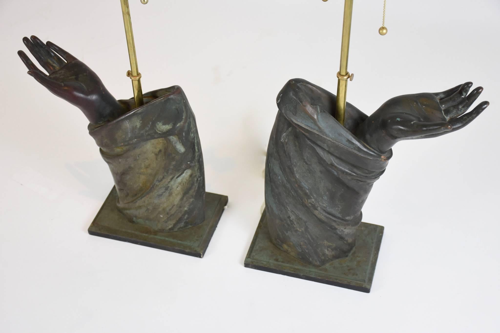 Pair of Sculptural French Bronze Hand Arm Lamps 2