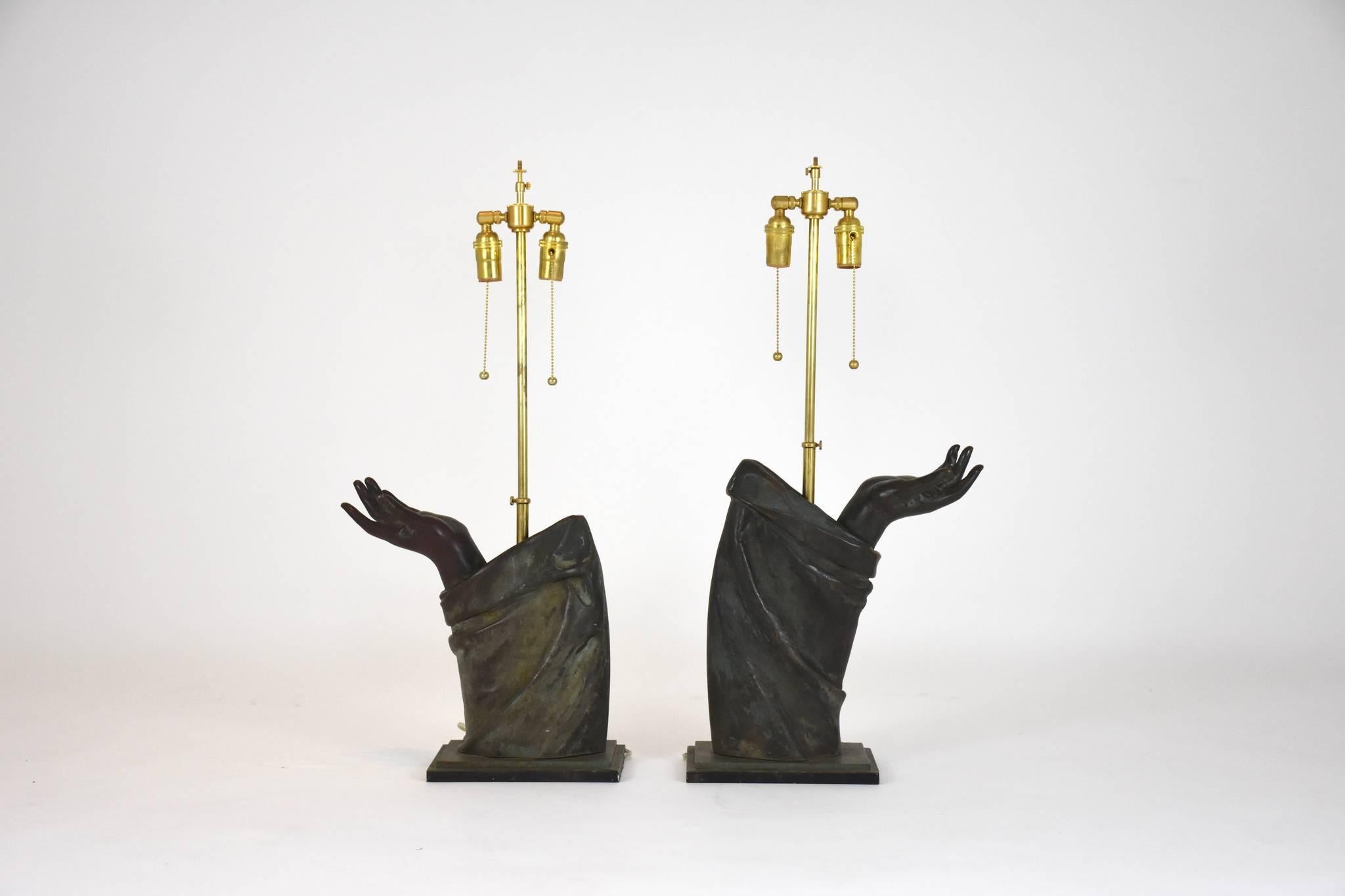 Pair of Sculptural French Bronze Hand Arm Lamps 3