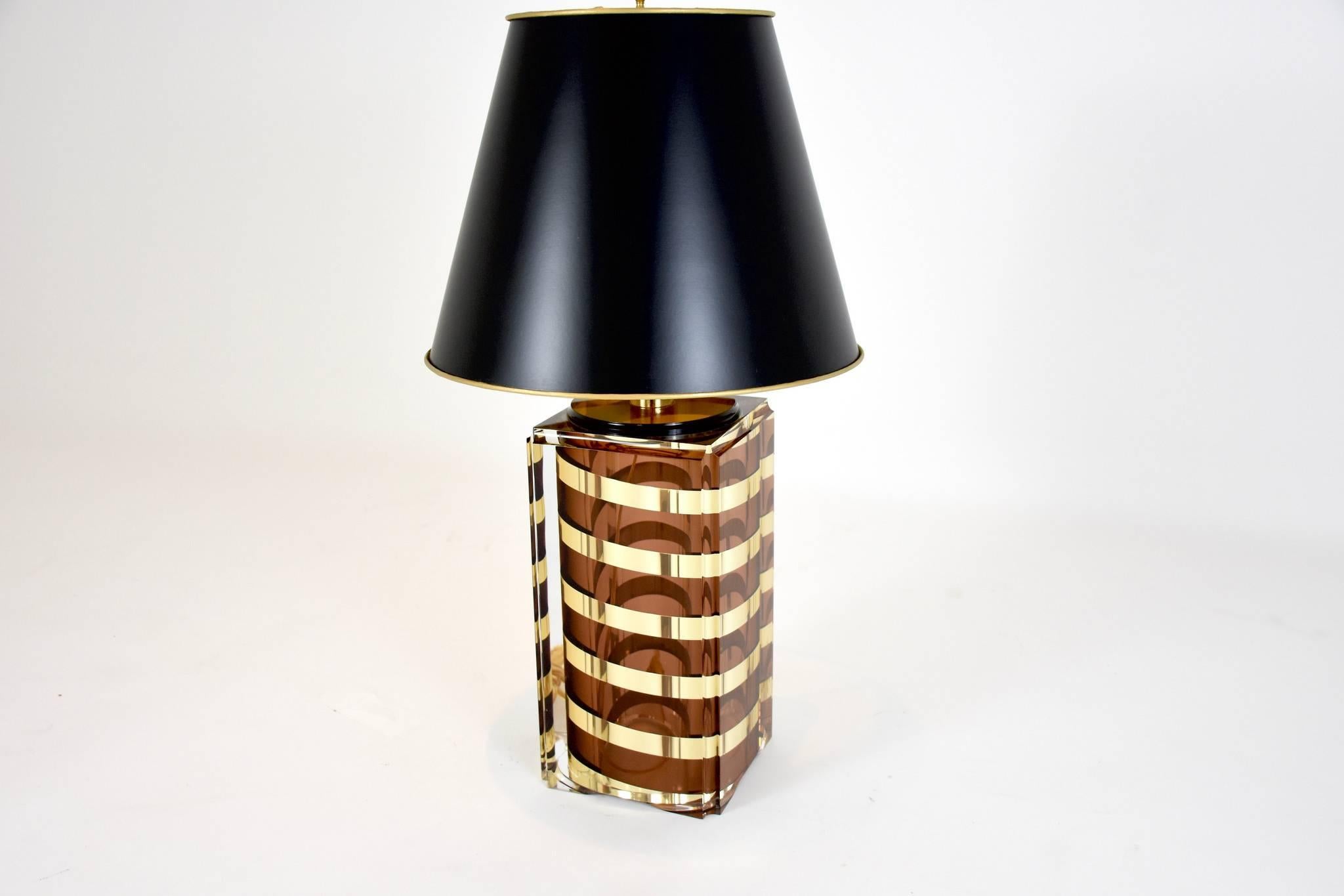 Vintage Lucite and Brass Lamp with Black Paper Shade In Excellent Condition In Houston, TX