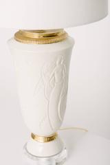 Signed Waylande Gregory White Ceramic Gold Gilt Lamp with White Linen Shade