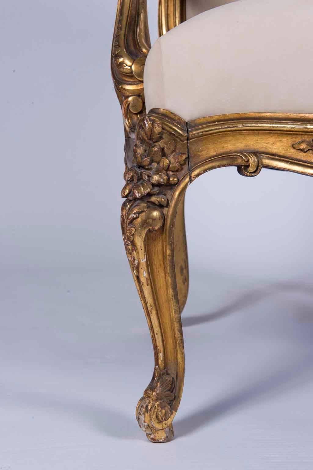 Leather Louis XV Style Giltwood Fauteuils For Sale