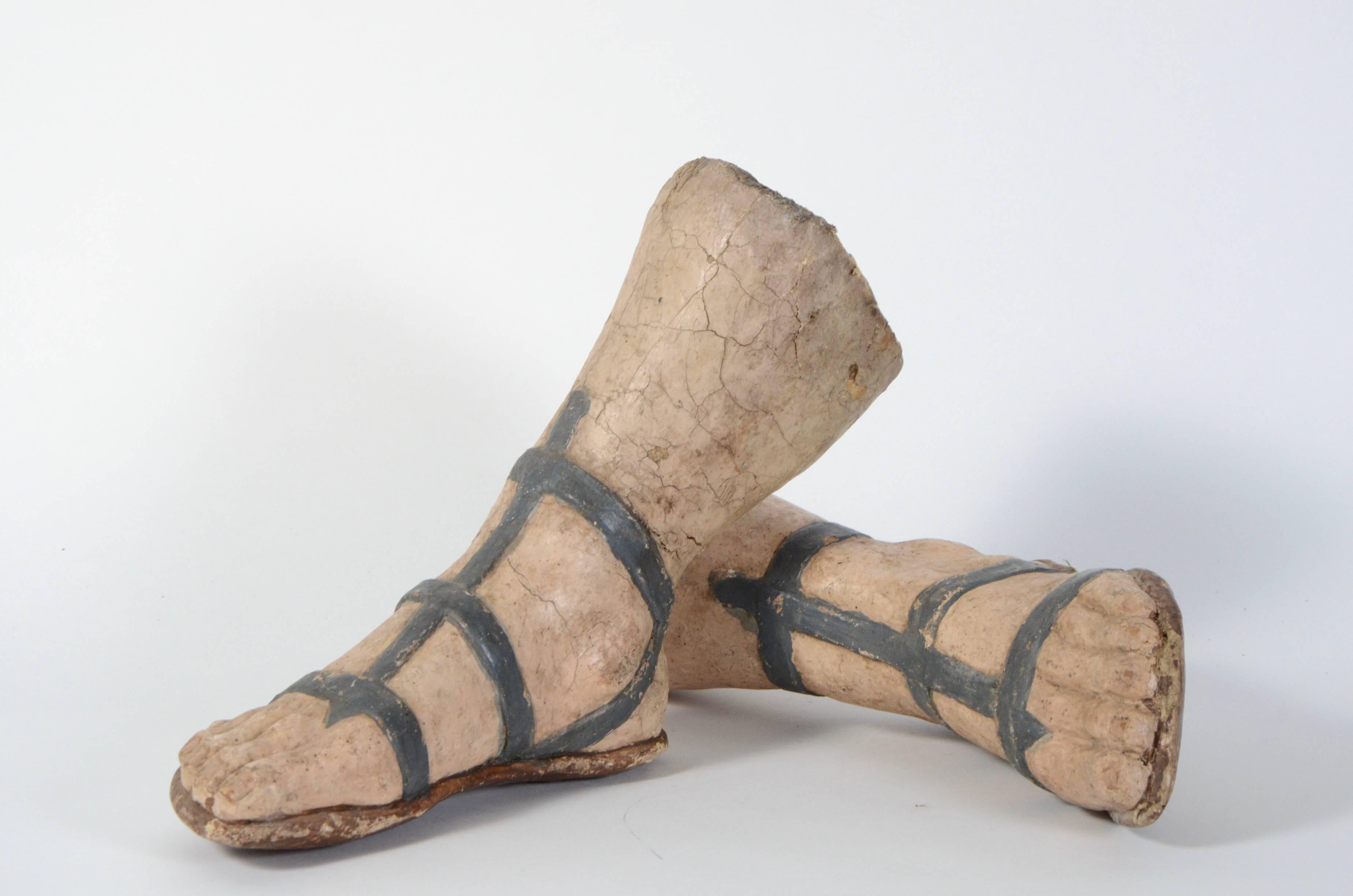 Pair of 18th century Venetian paper mache feet with sandals.