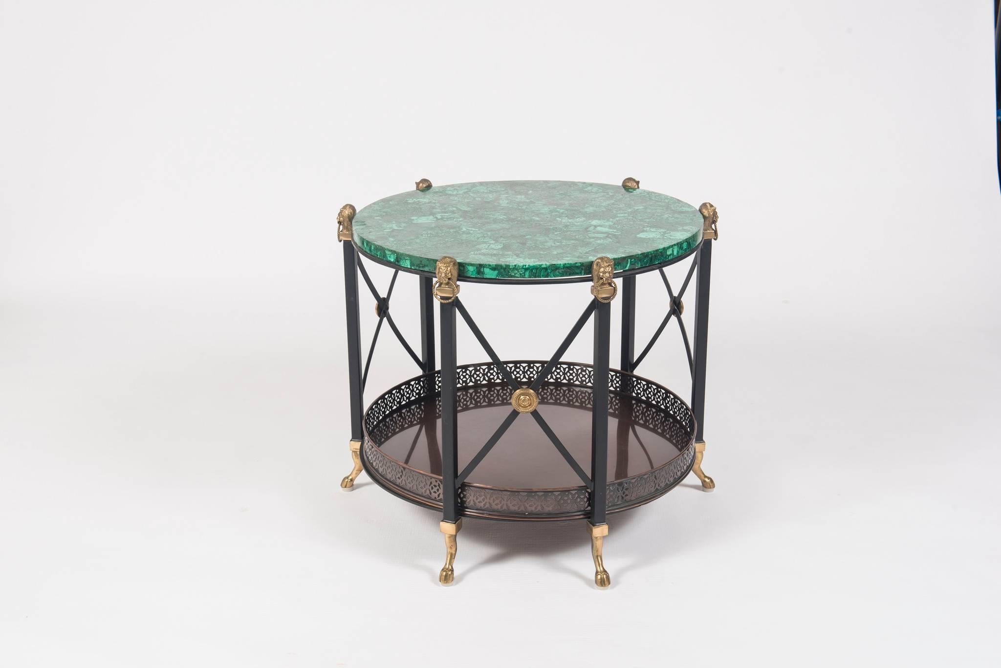 Directoire Pair of Maison Jansen Style Bronze and Iron Tables with Malachite Tops