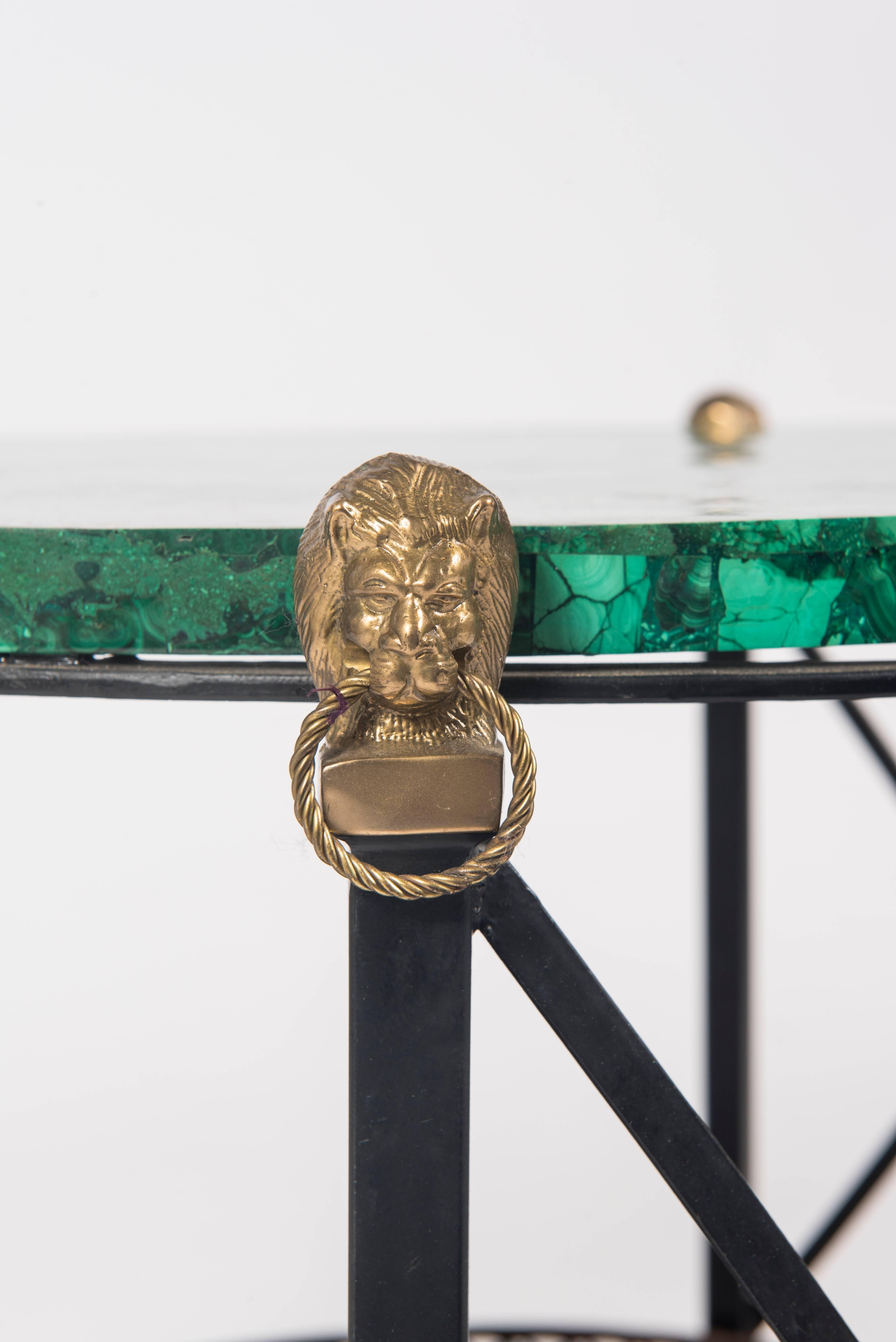Bronzed Pair of Maison Jansen Style Bronze and Iron Tables with Malachite Tops
