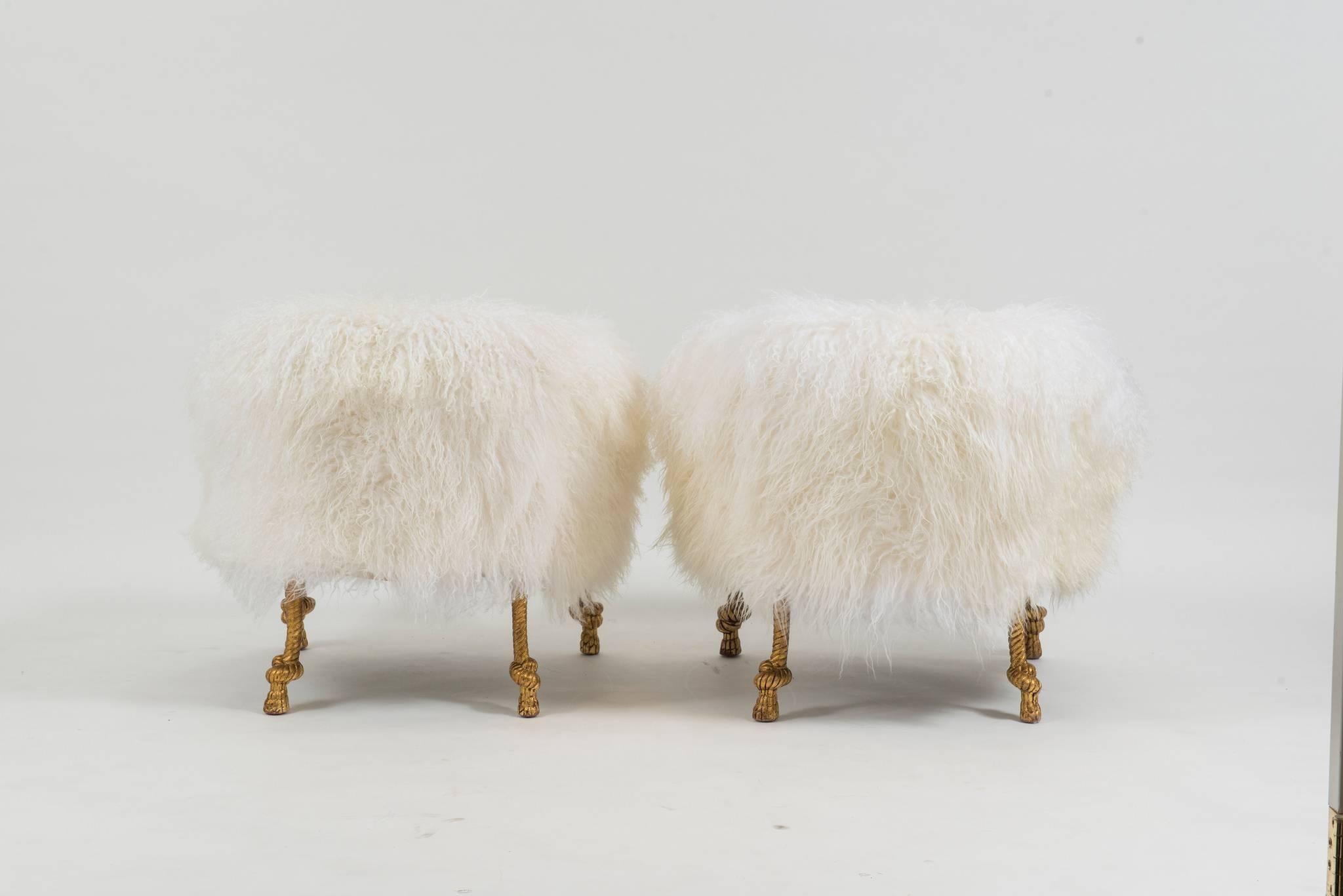 Hand-Carved Pair of Chic Fournier Style White Sheepskin Fur Bergerés