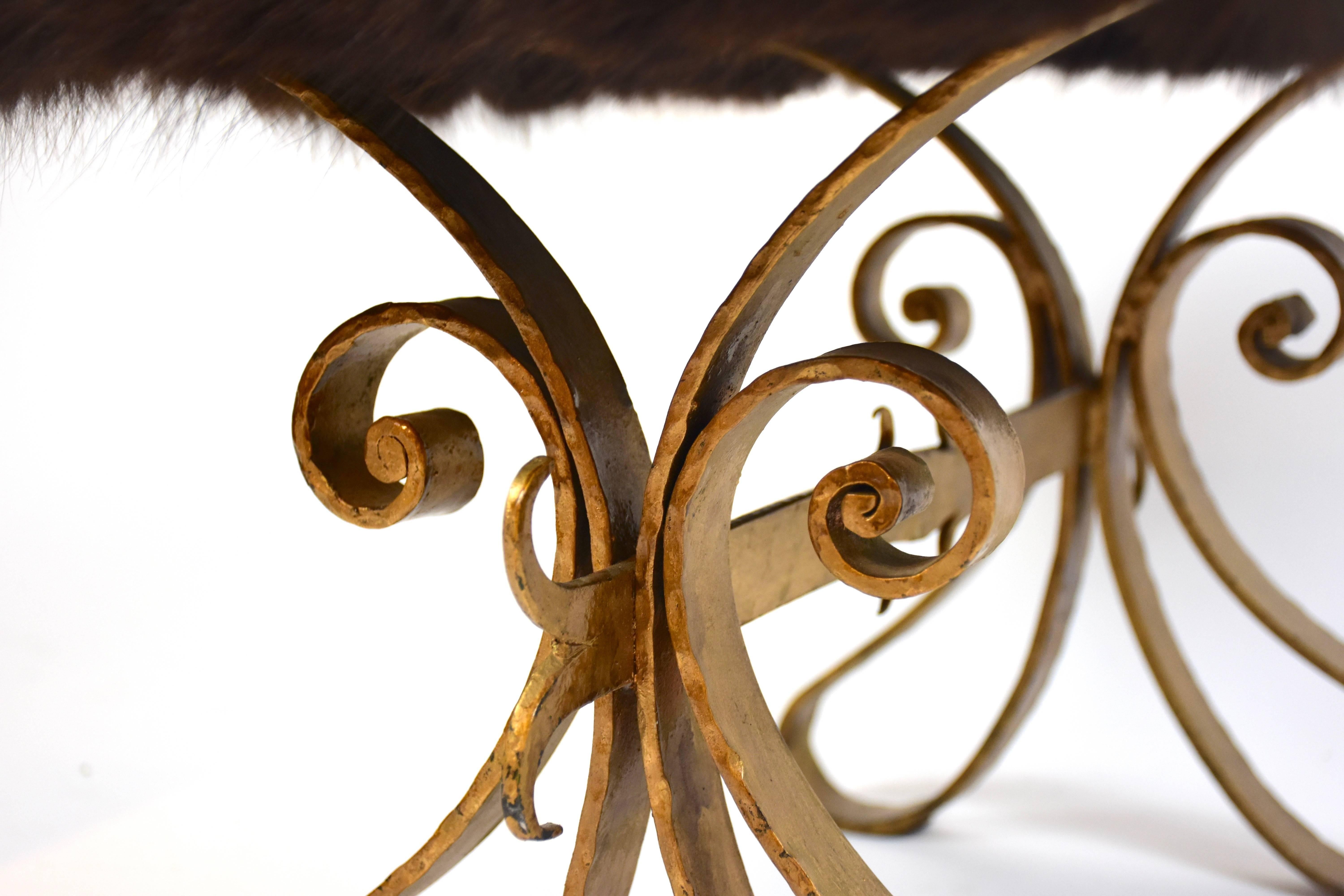 Pair of Italian Gilt Iron Icelandic Pony Hair Hides Ottomans In Excellent Condition In Houston, TX