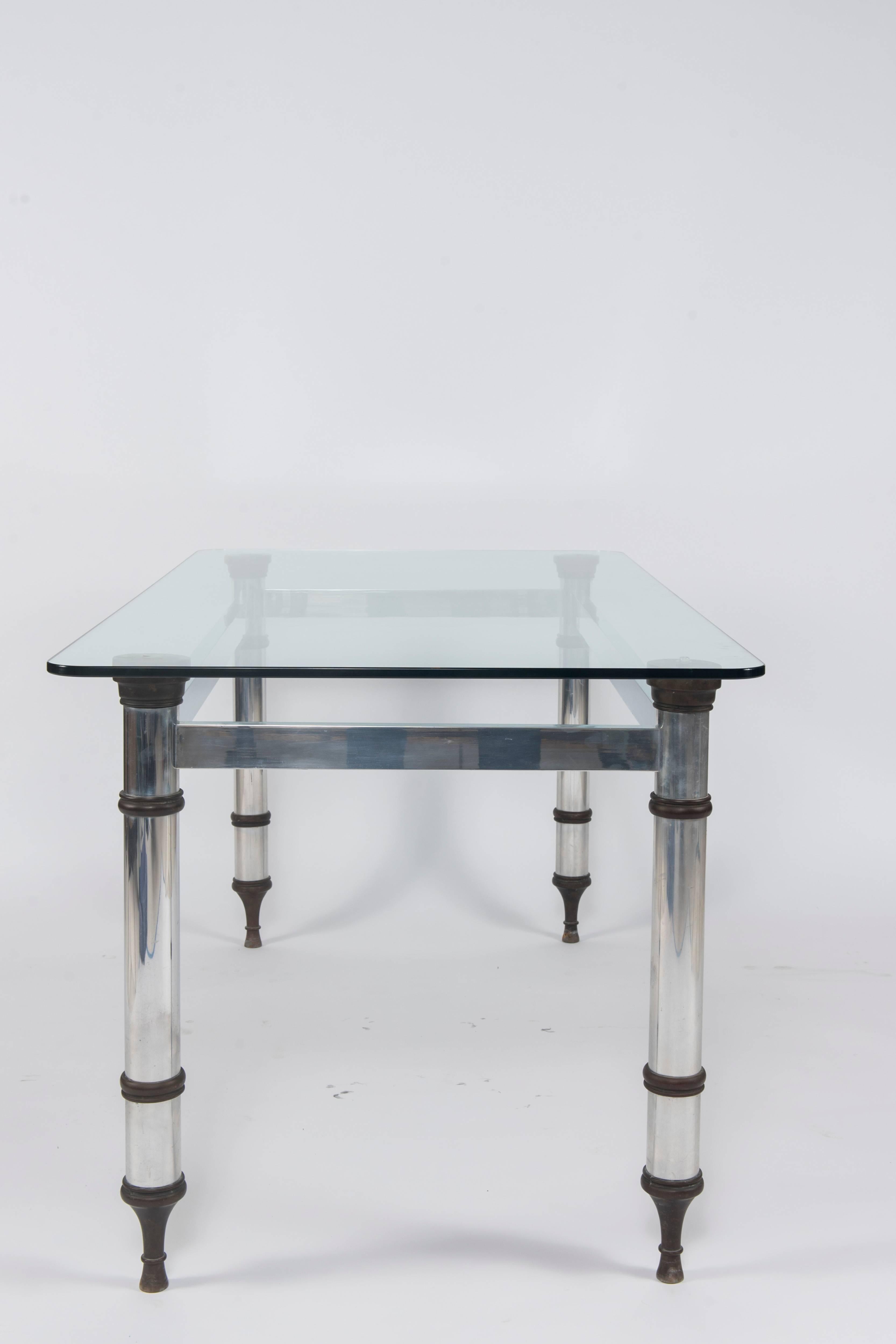 Neoclassical French Maison Jansen Style Steel and Bronze Table with Glass Top For Sale