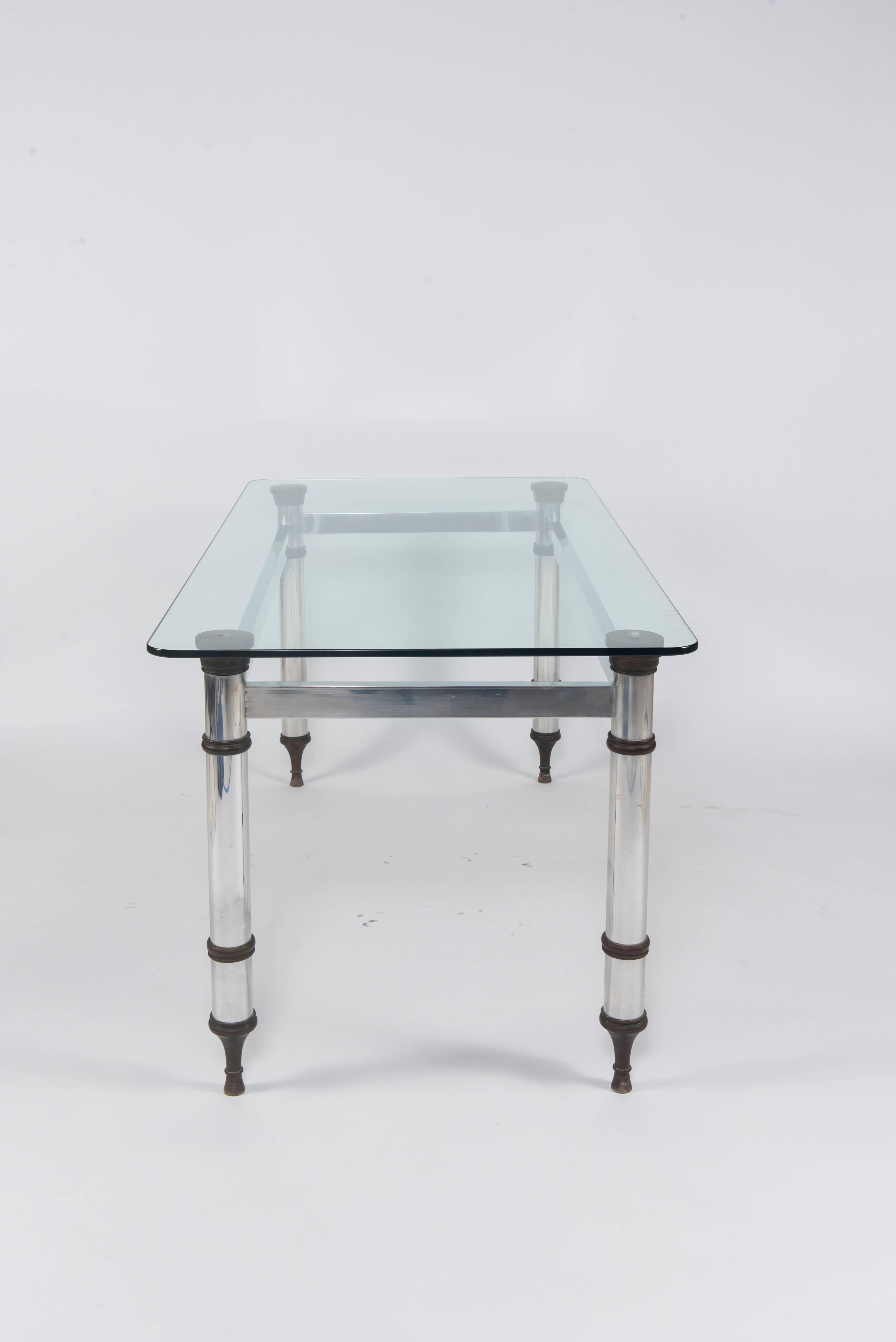 French Maison Jansen style steel and bronze table, circa 1970. New glass top.