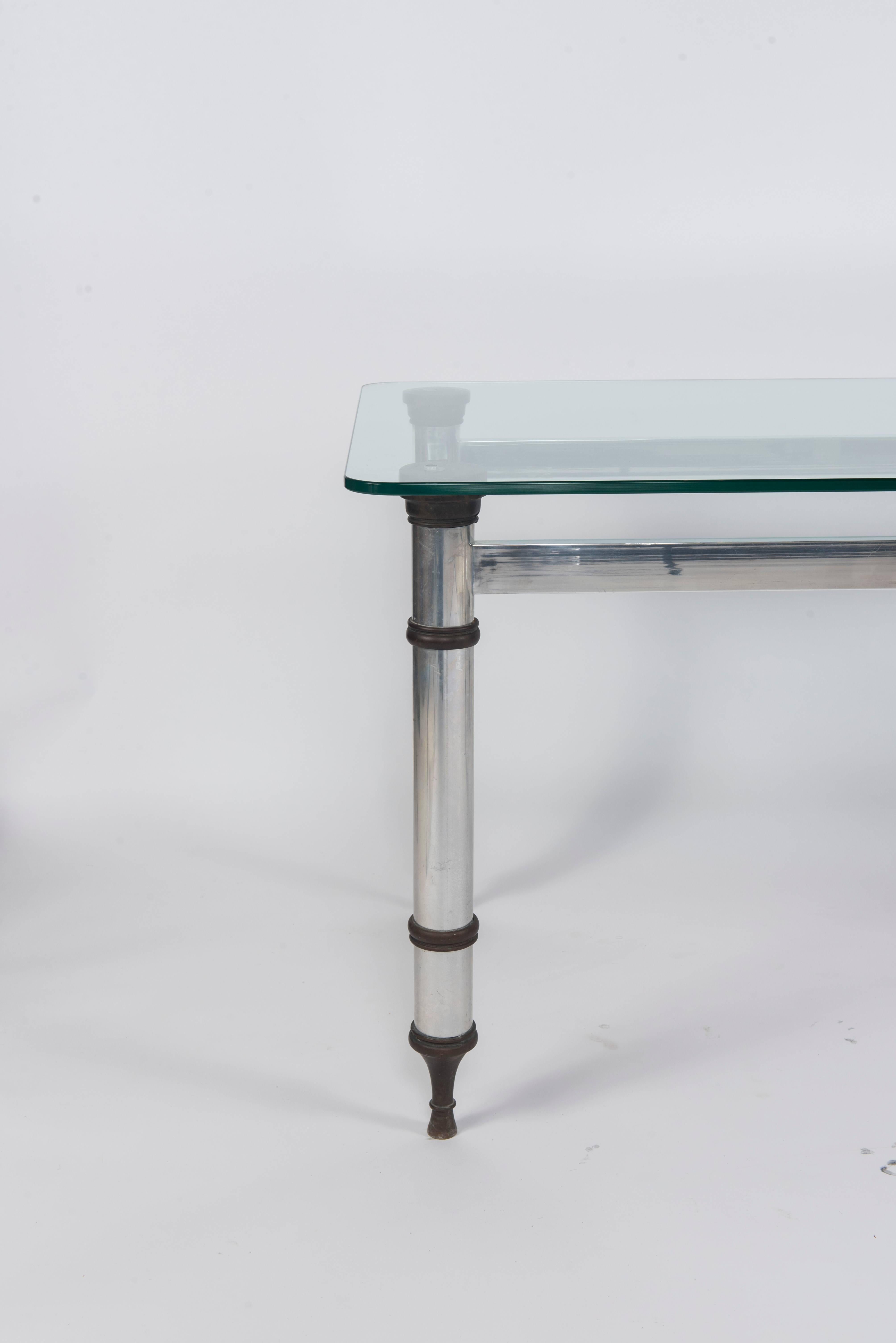 French Maison Jansen Style Steel and Bronze Table with Glass Top In Good Condition For Sale In Houston, TX