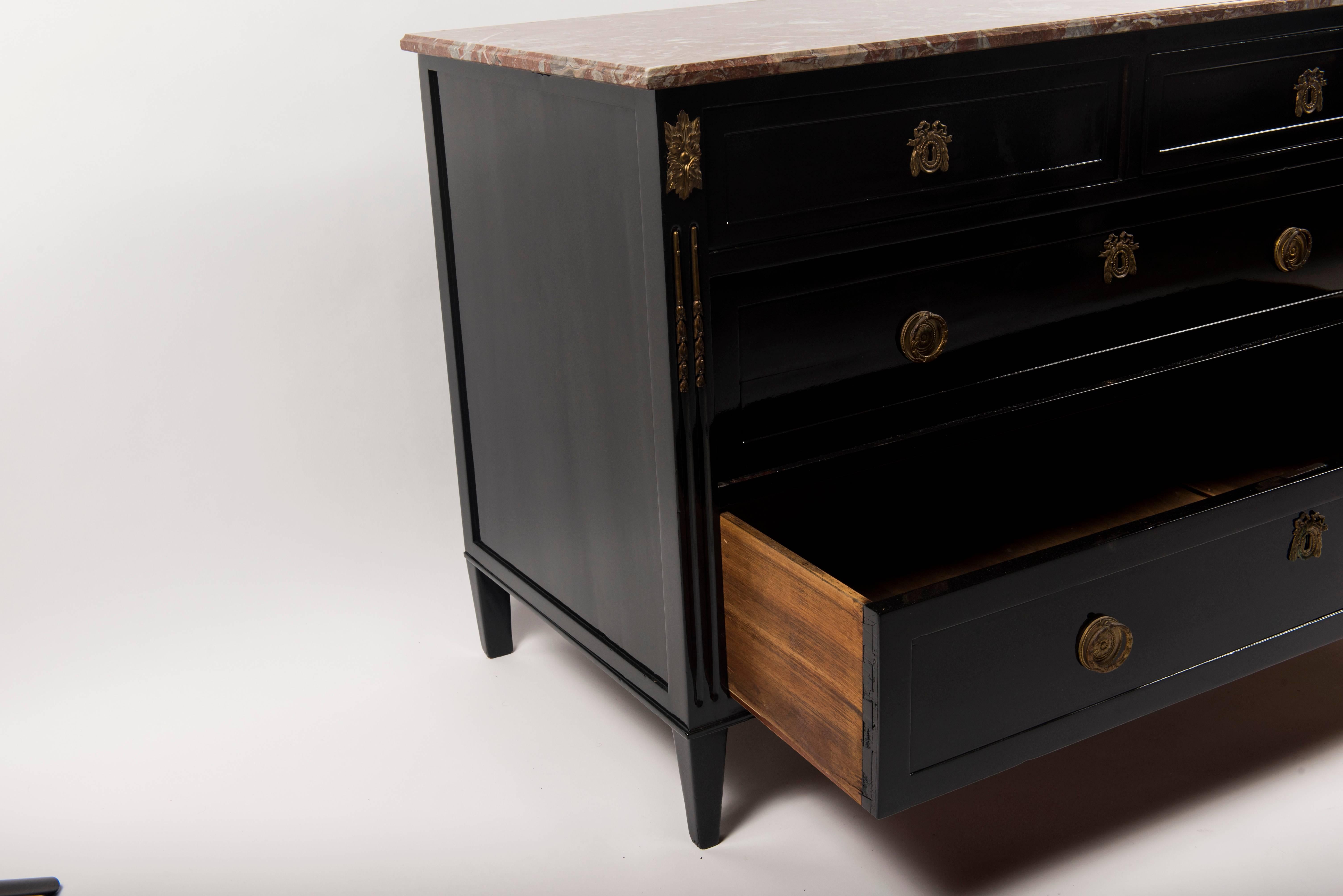 French Louis XVI Style Black Lacquered Chest of Drawers
