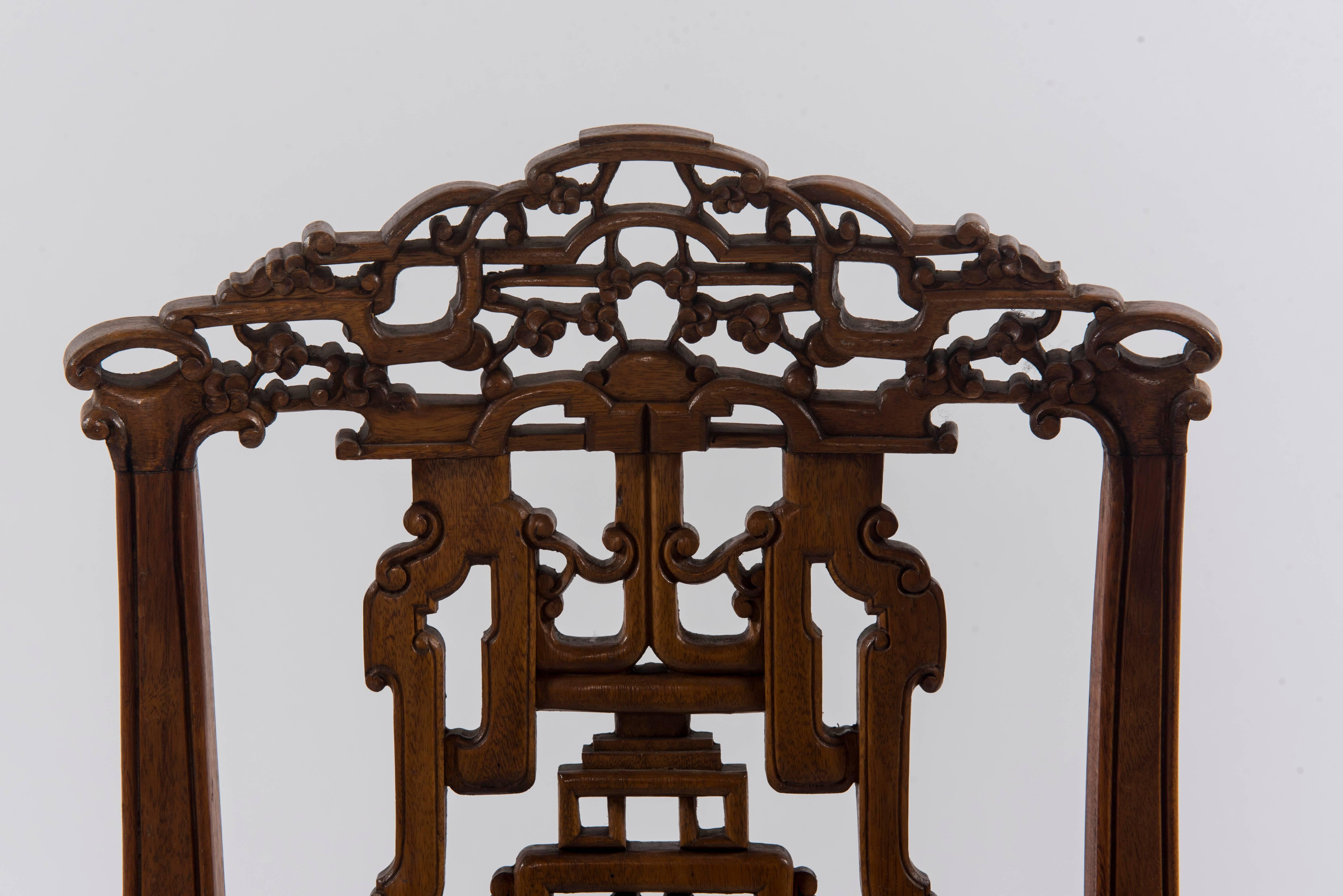 Wood Diminutive Pair of Carved Chinese Armchairs