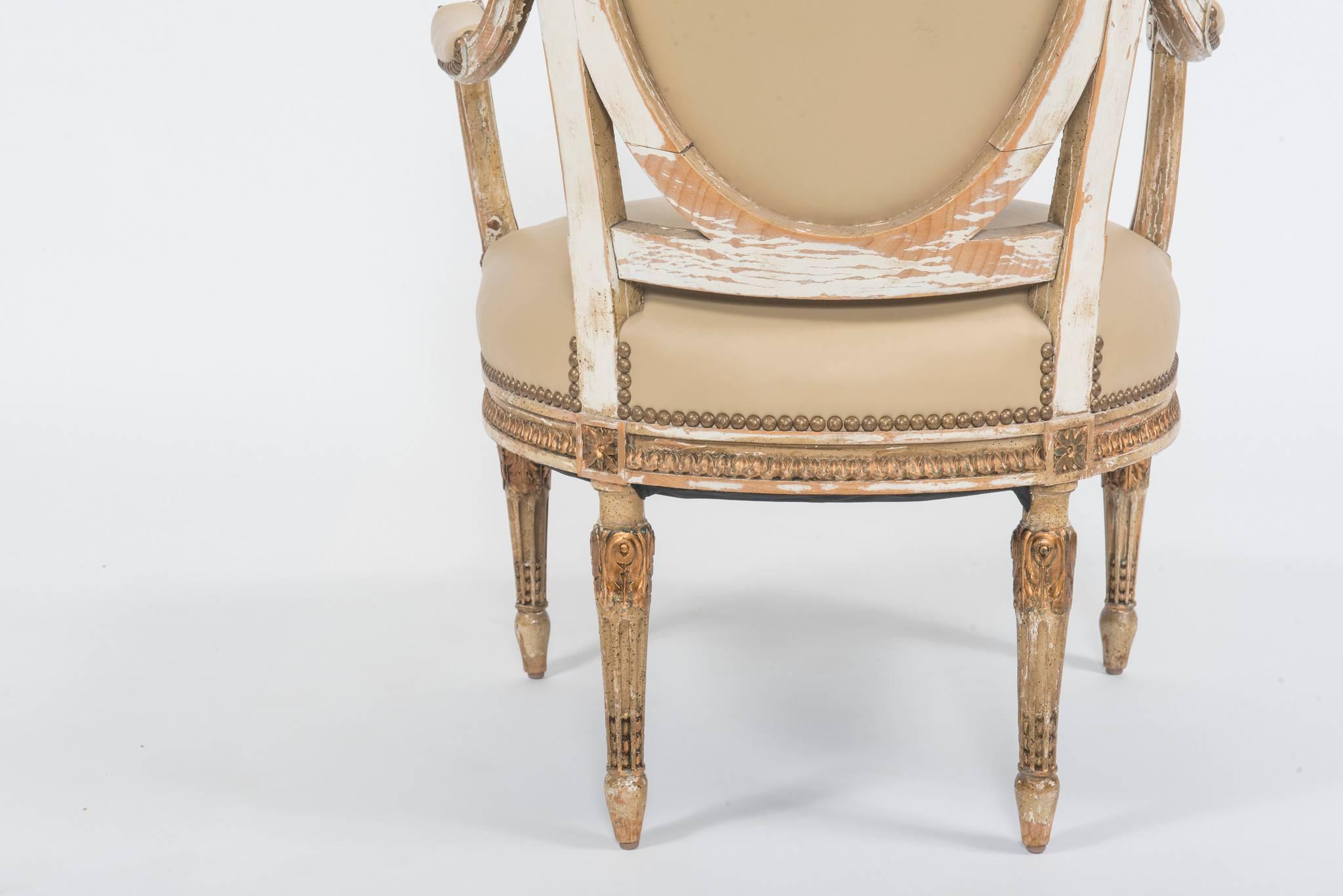 Pair of Early 20th Century Painted and Gilt French Louis XVI Style Fauteuils 2