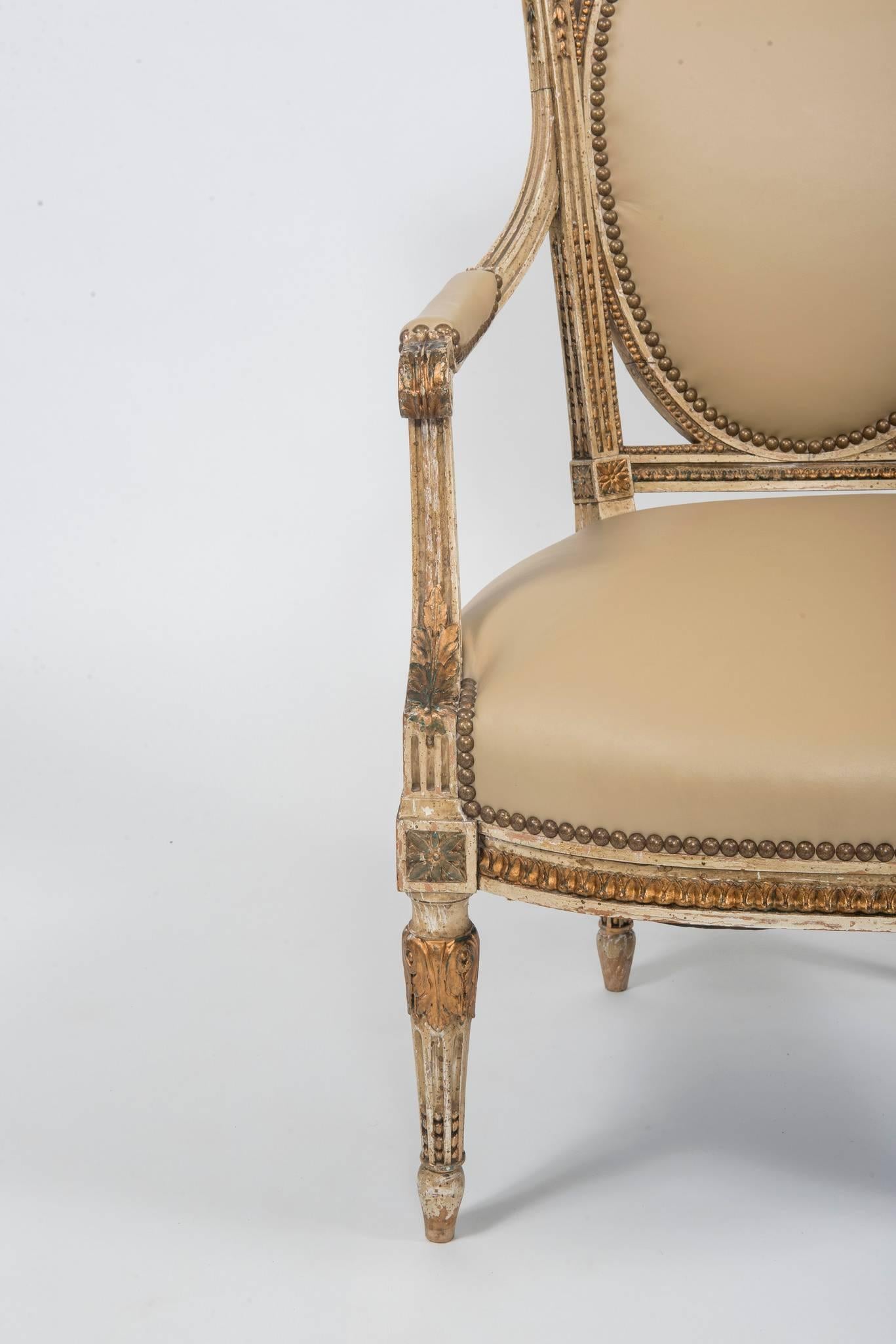 Pair of Early 20th Century Painted and Gilt French Louis XVI Style Fauteuils 5