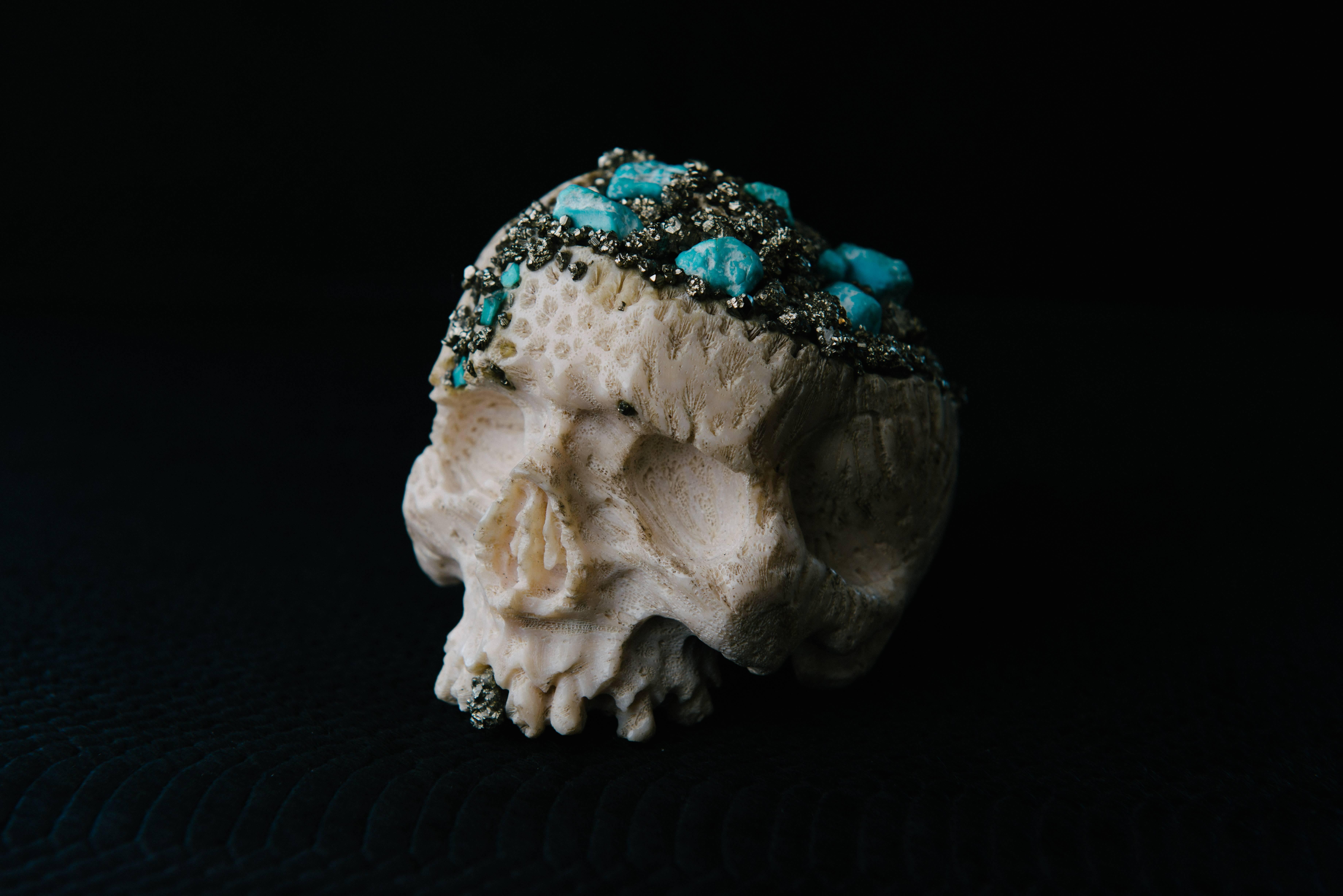 Momento Mori Carved Natural Coral Skull with Pyrite and Turquoise 1