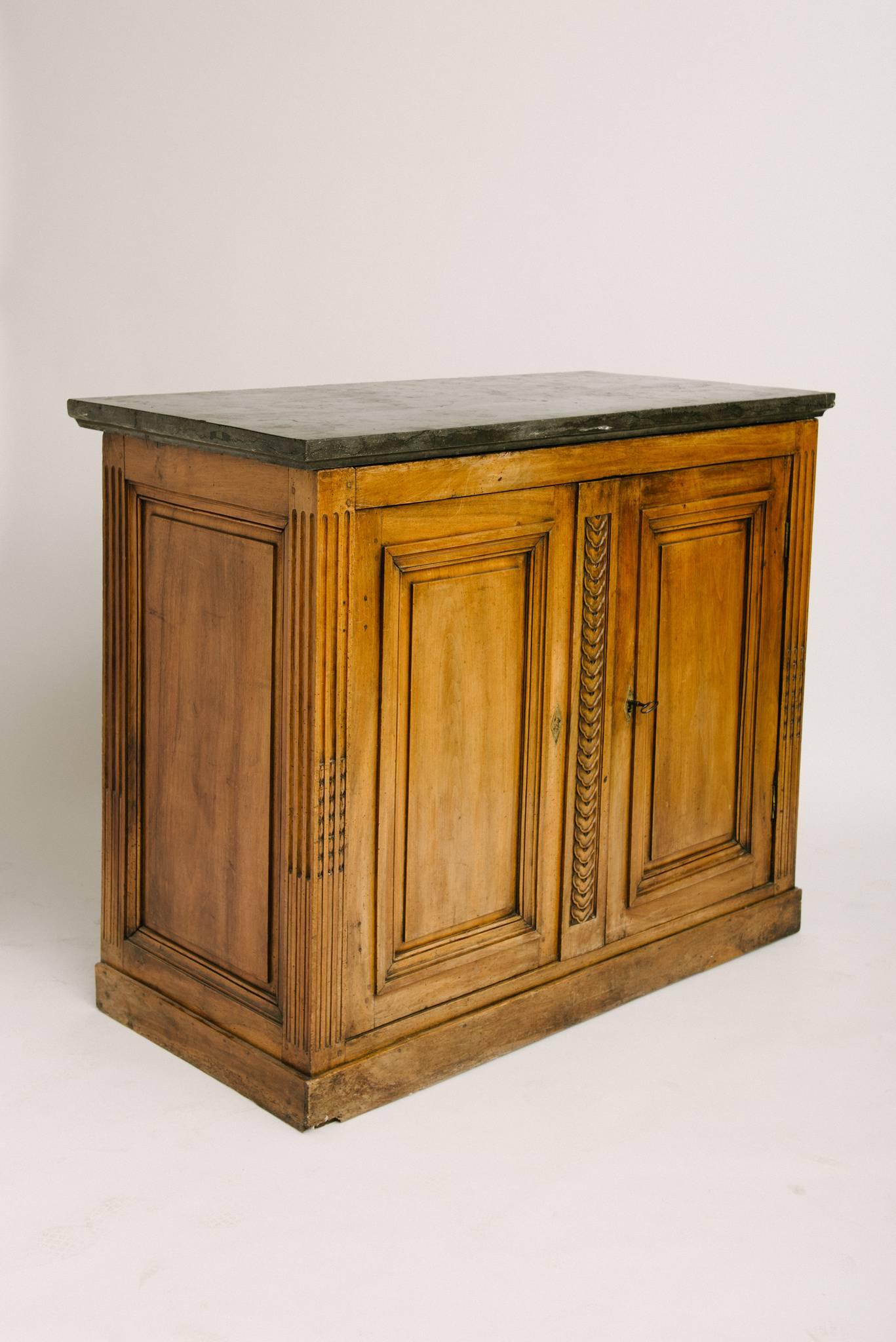 18th century French Louis XVI carved walnut buffet with original marble top.