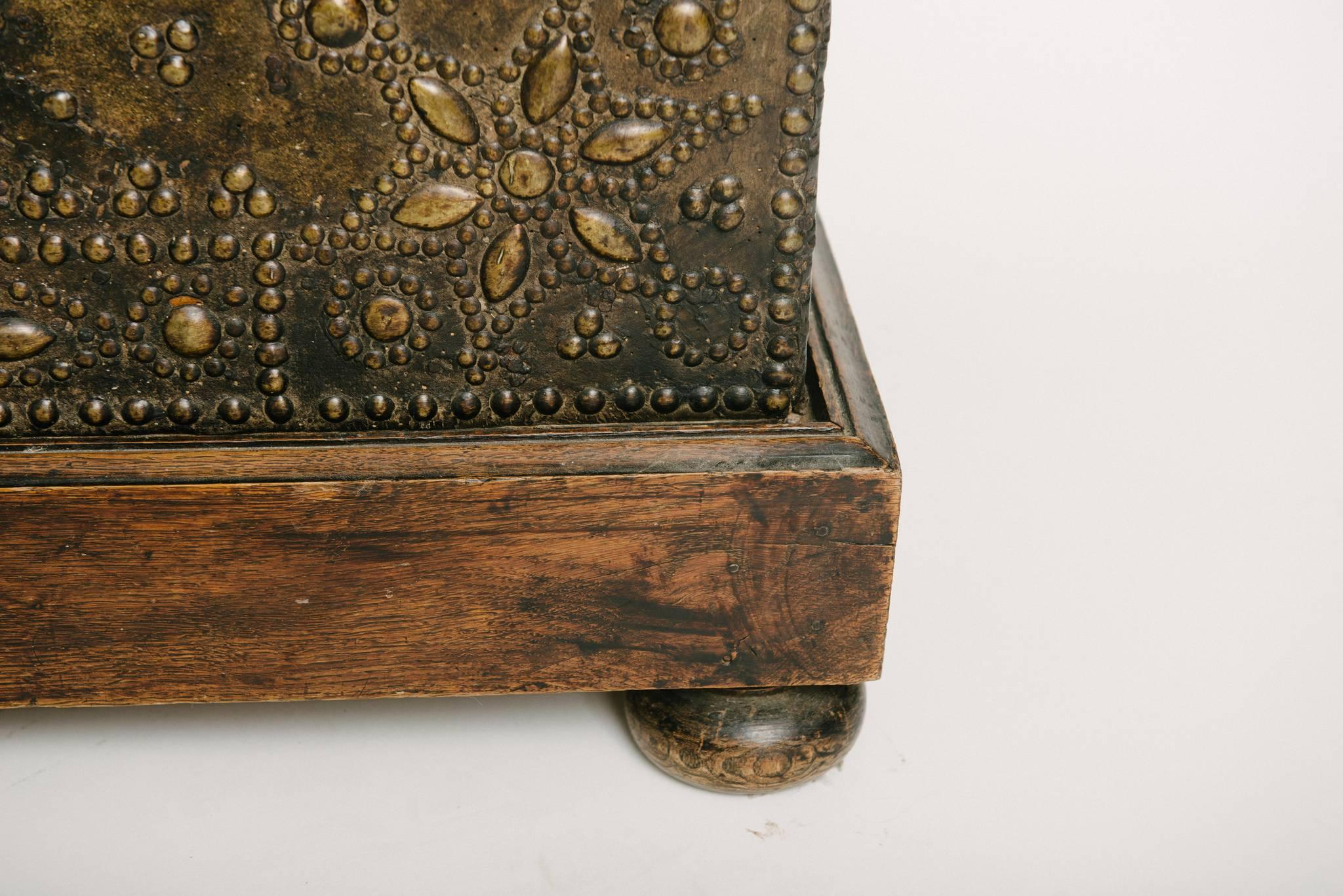 Brass 17th Century French Leather Coffer with Nailhead Detail For Sale