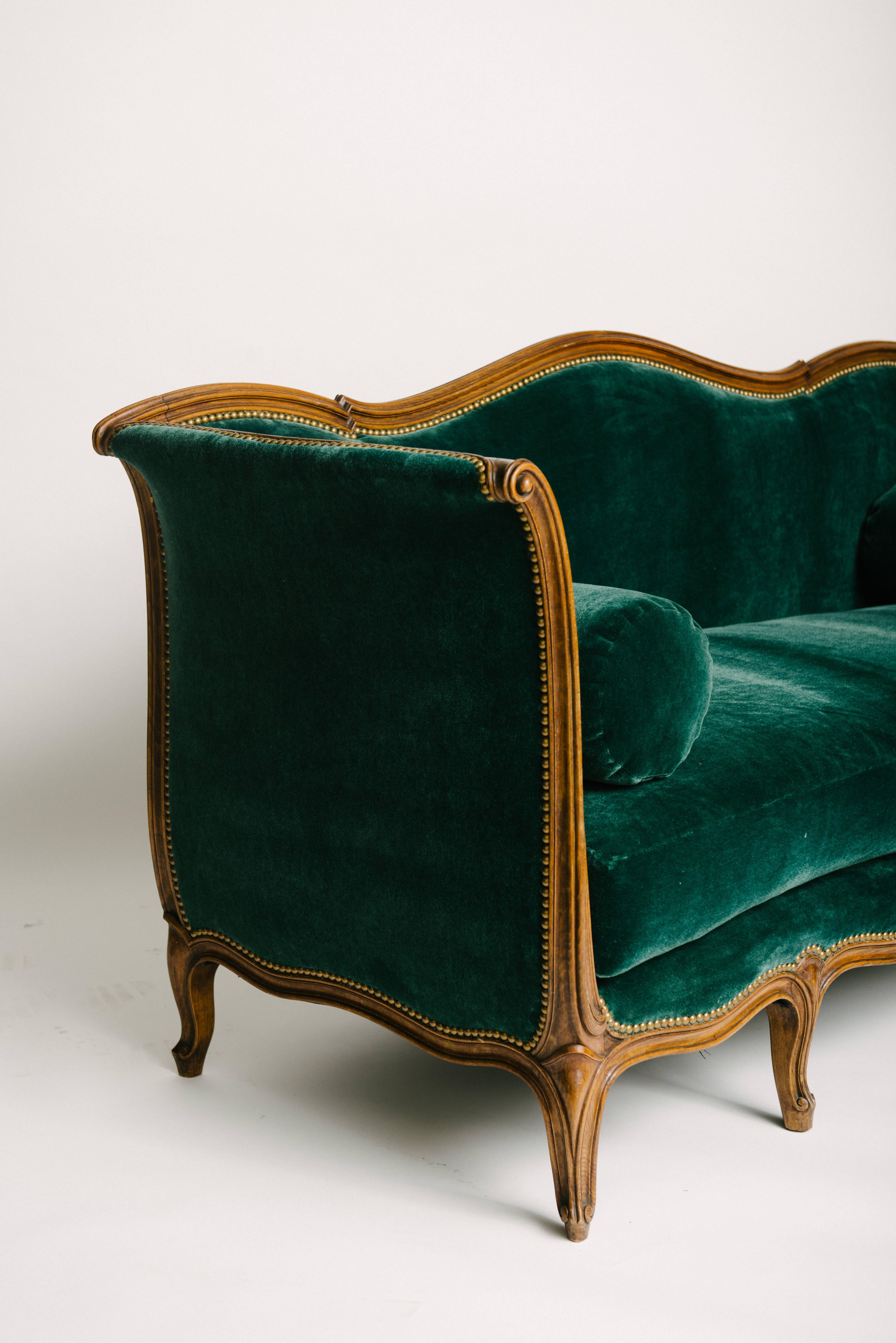 French 19th Century Louis XV Style Sultanes Sofa in a Dark Emerald Mohair