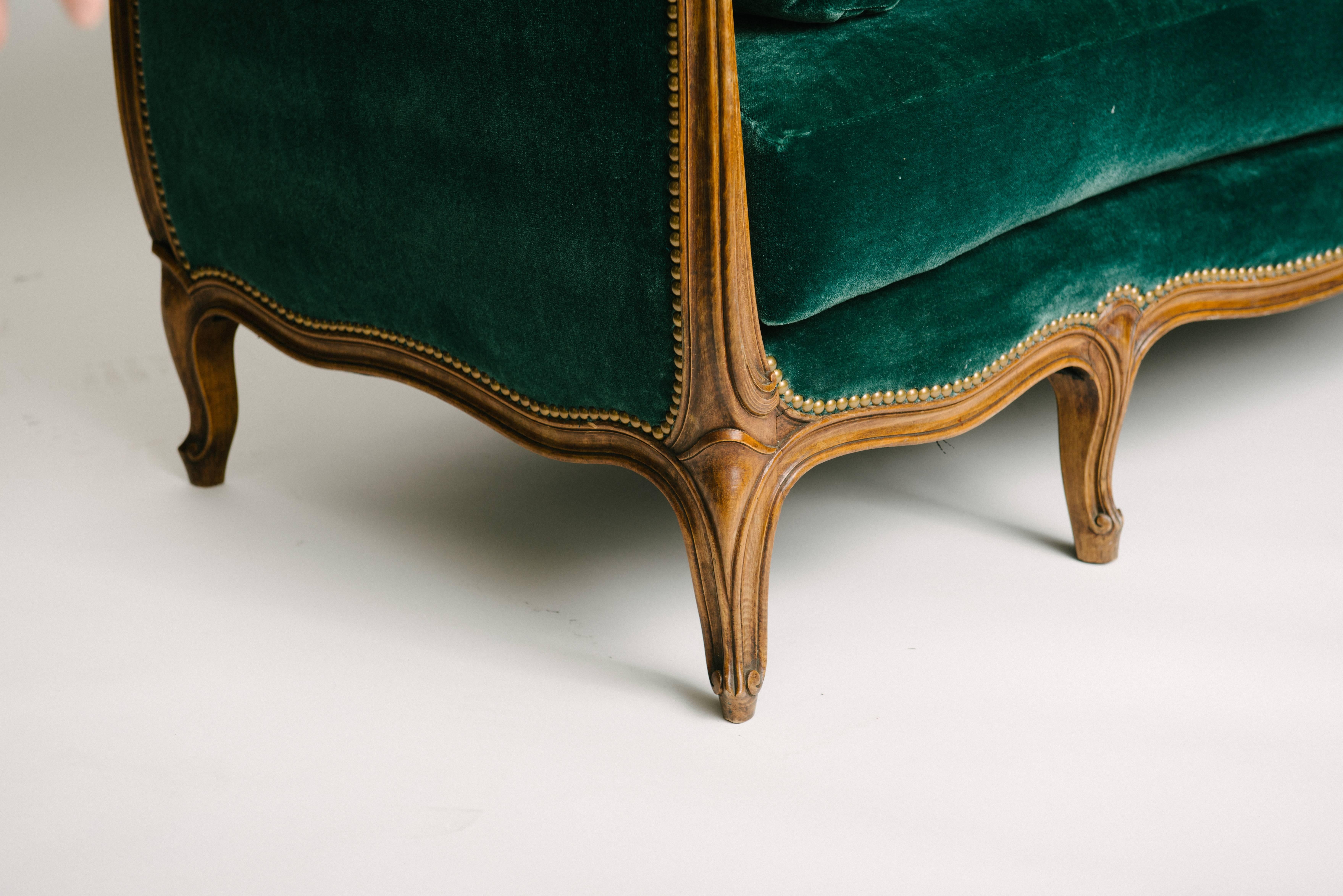 Carved 19th Century Louis XV Style Sultanes Sofa in a Dark Emerald Mohair
