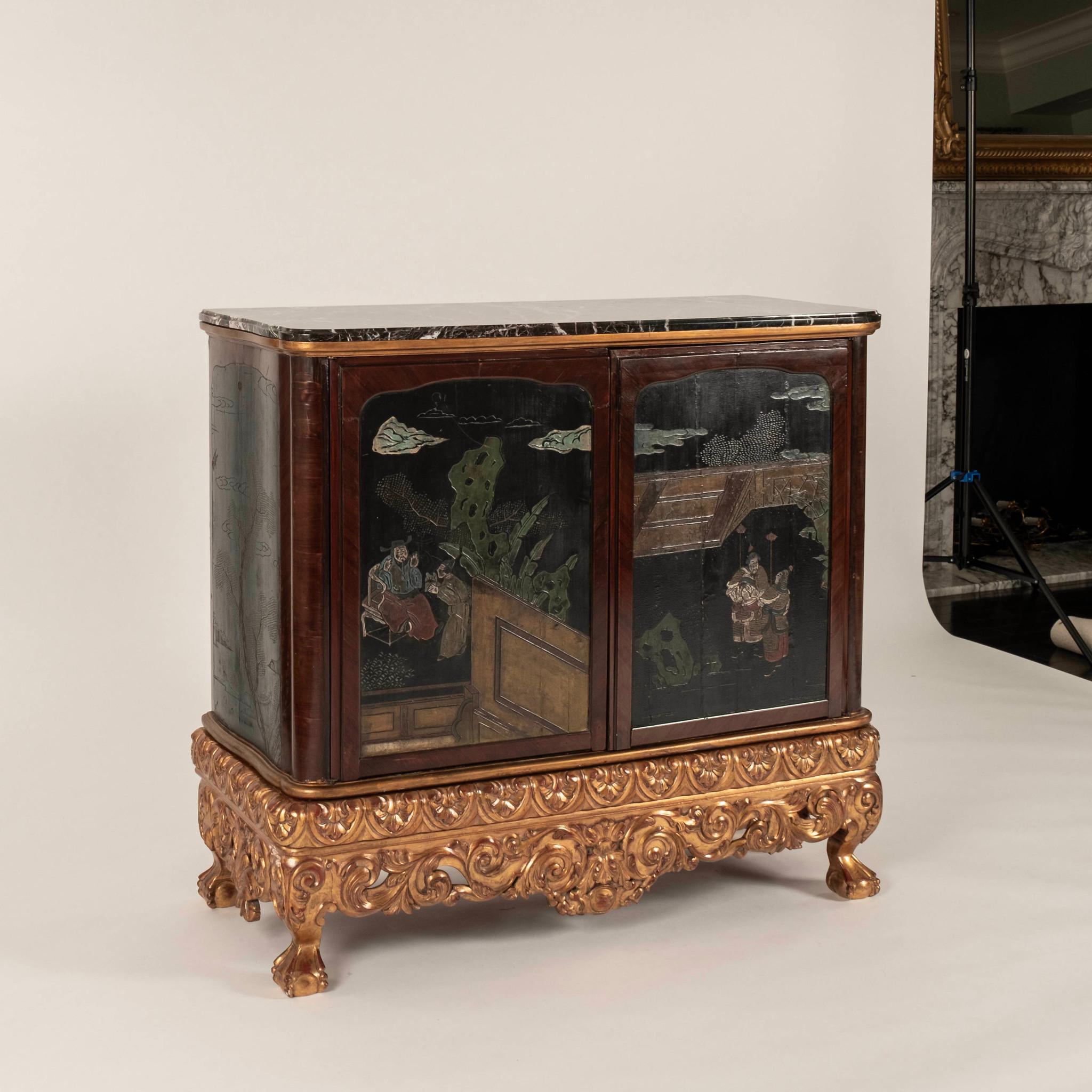 Pair of beautiful 1920s giltwood Rococo style marble top two door cabinets made from 19th Century Coromandel panels