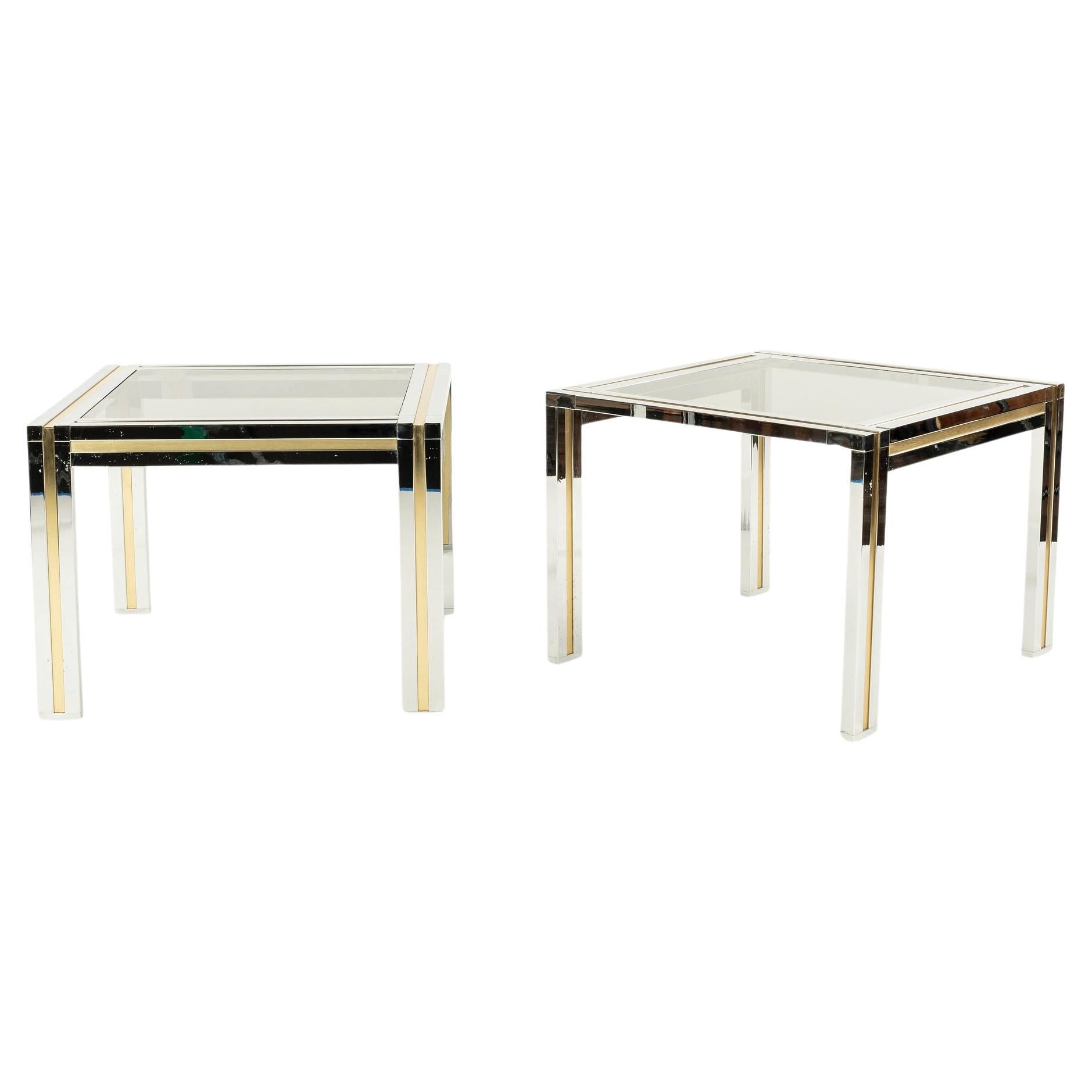 Pair Brass Chrome and Glass Side Tables in the style of Willy Rizzo