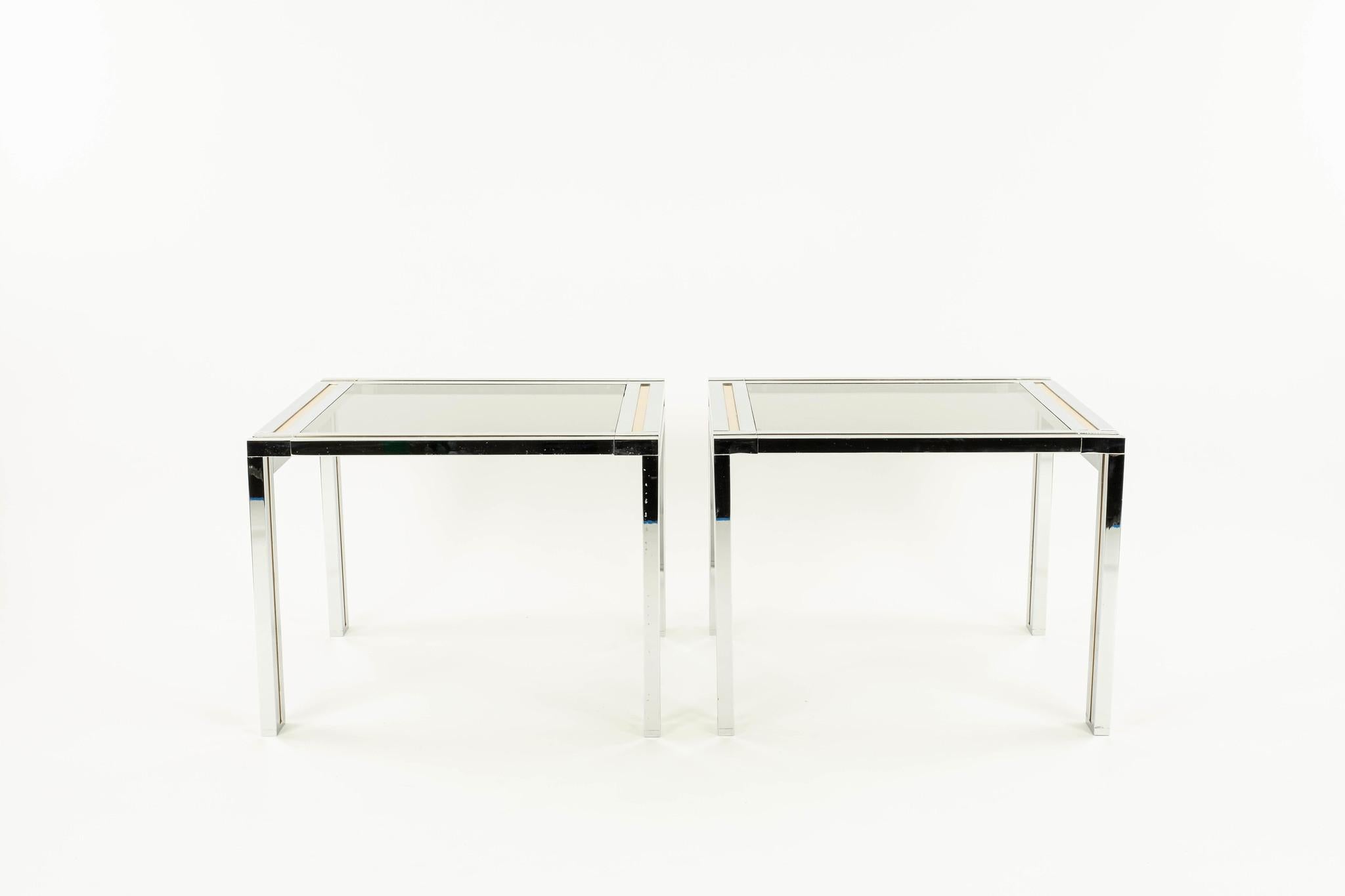 20th Century Pair Brass Chrome and Glass Side Tables in the style of Willy Rizzo For Sale