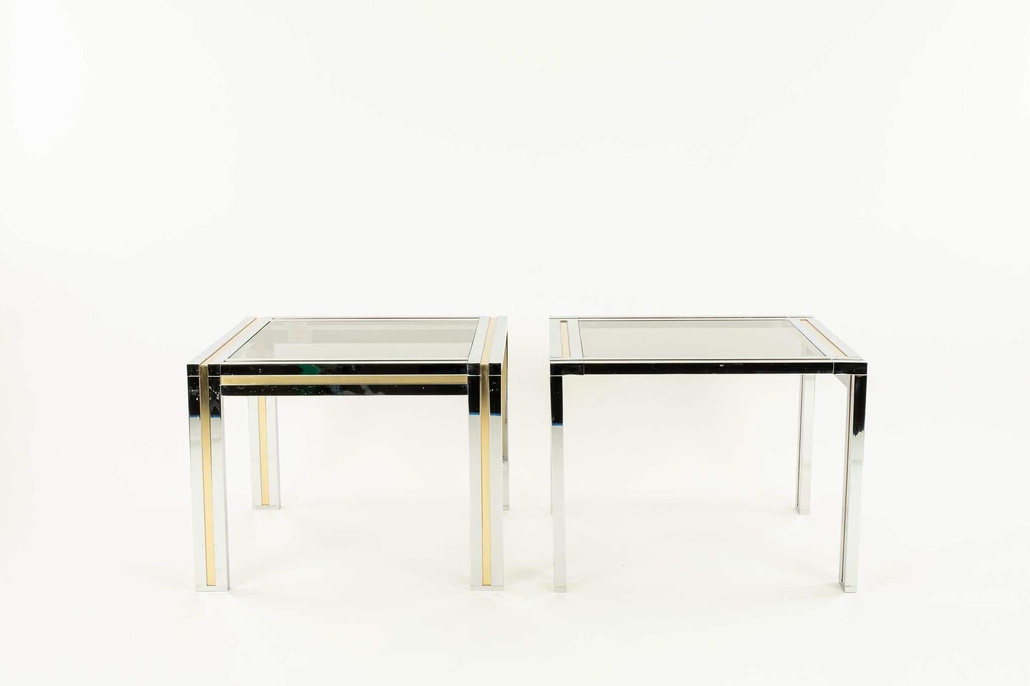 Pair Brass Chrome and Glass Side Tables in the style of Willy Rizzo In Good Condition For Sale In Houston, TX
